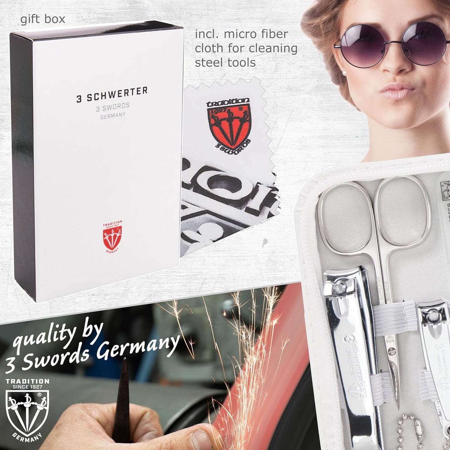3 Swords Germany - brand quality 8 piece manicure pedicure grooming kit set synthetic leather case white - Made in Germany