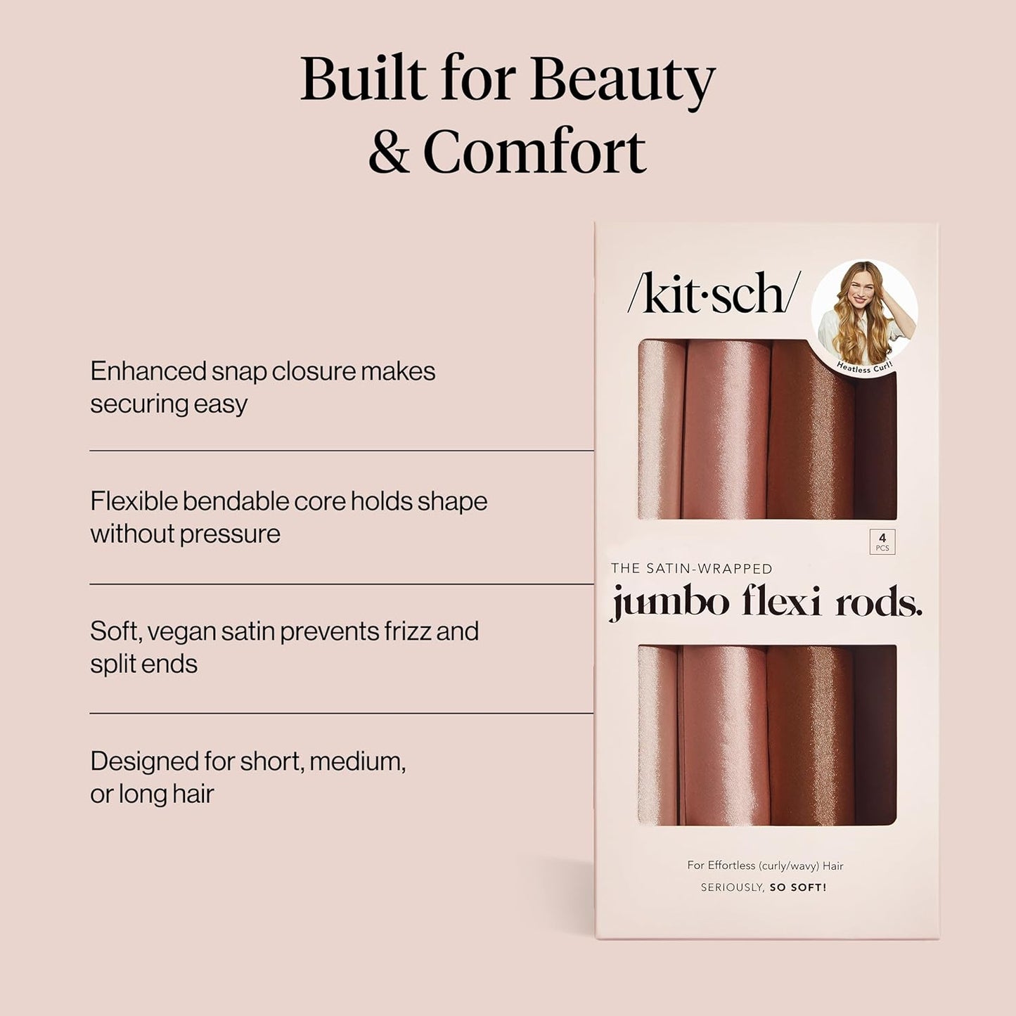 Kitsch Satin Hair Curlers, Heatless Curling Rod - Jumbo Flexi Rod, Heatless Hair Curler - Hair Curlers to Sleep In - No Heat Overnight Curls - For All Hair Types and Texture - 4pcs Rosewood