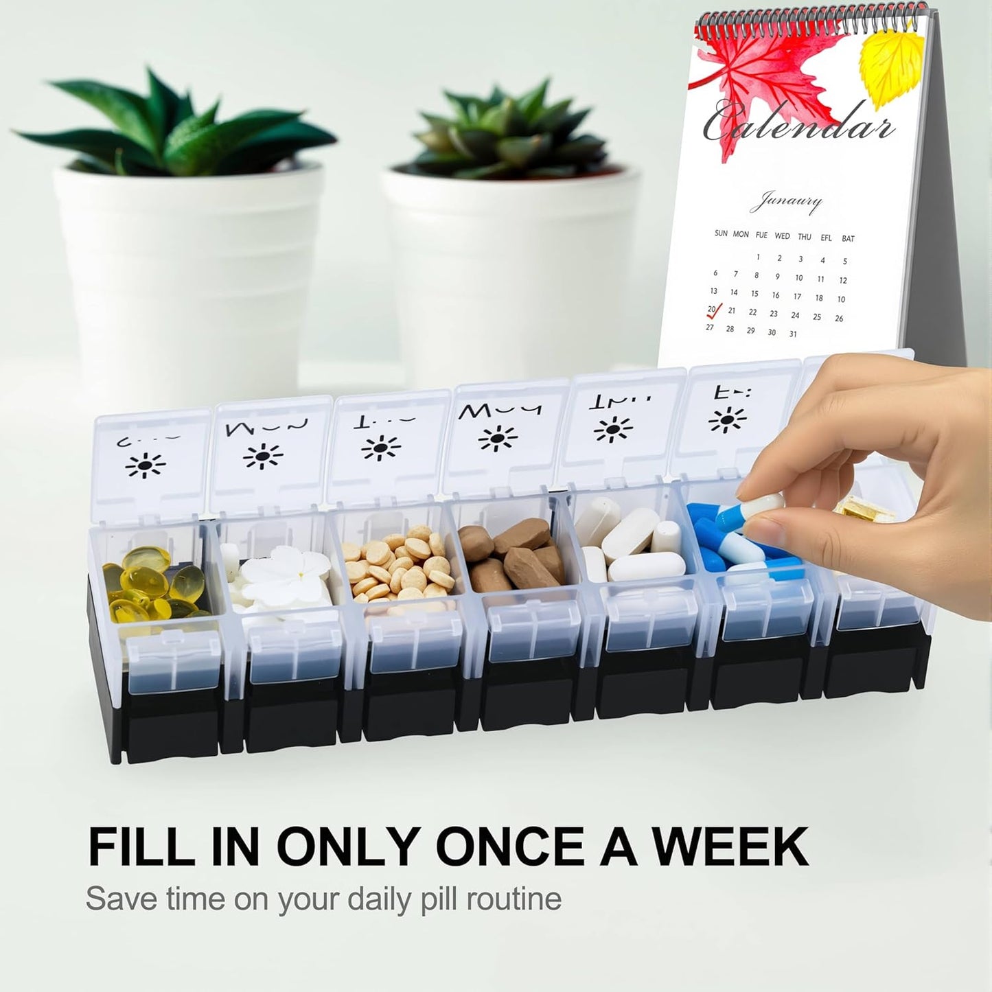 XL Large AM/PM Weekly Pill Organizer Arthritis Friendly, 2 Times a Day Pill Box with Spring Open Design, 7 Day Vitamin Case with Push Button Compartments (Black&White)