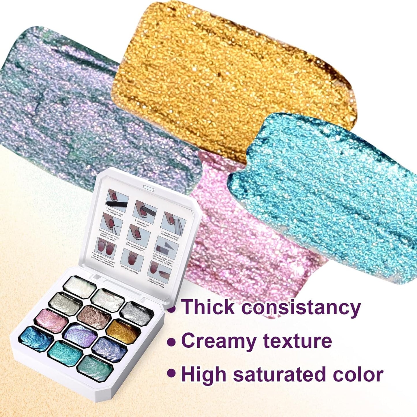 Gradient Painting Gel, 12 Gliter Colors Ombre Gel Nail Polish for Pigment Pat Silver&Gold Pink Blue Aurora color Bright Nails, French Manicure DIY Nail Art No-wipe Palette for Women