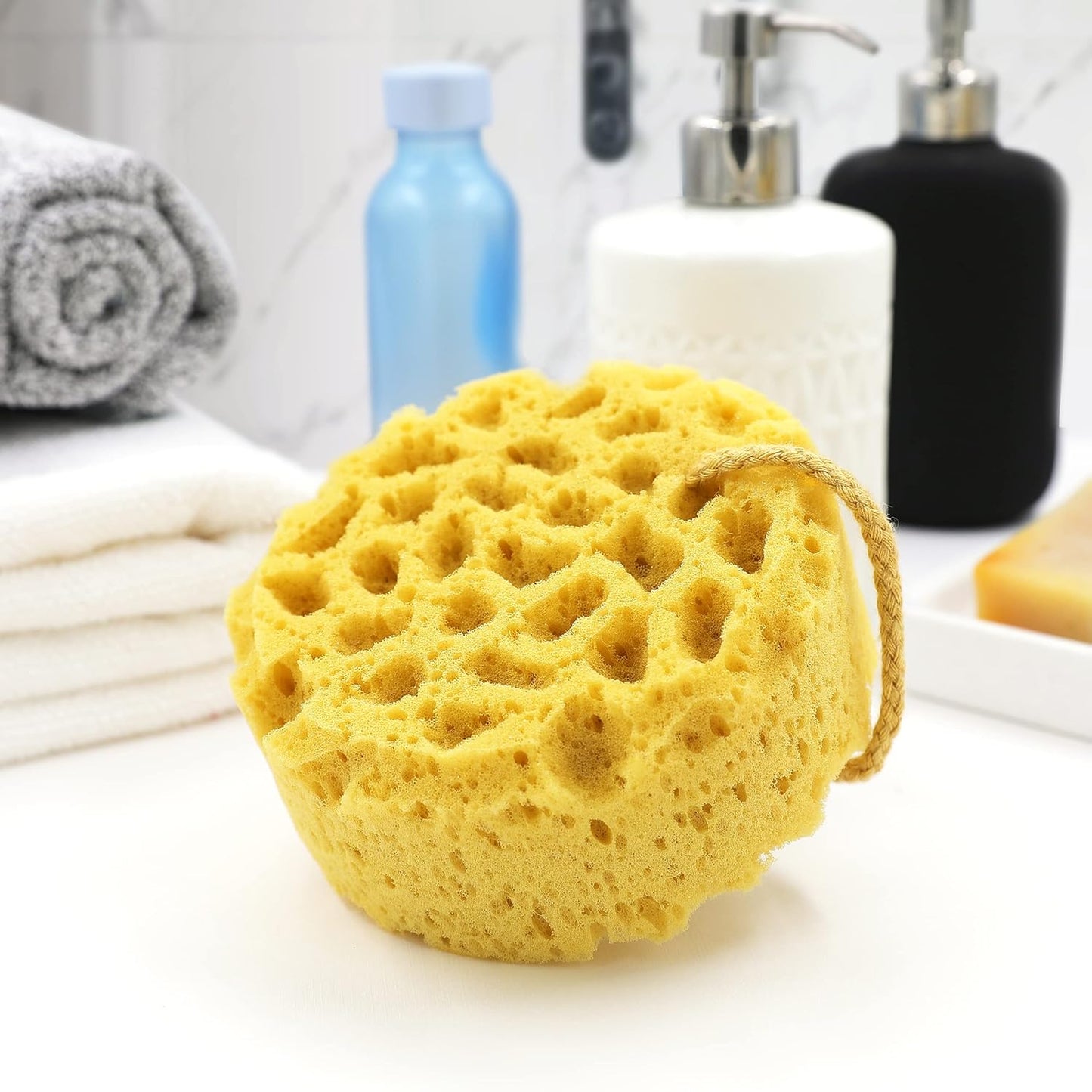 myHomeBody Bath Sponge, Foam Loofah, Body Scrubber for Bathing, Exfoliating Shower Pouf for Shower – Large Size, Lots of Lather, Round, 2 Pack
