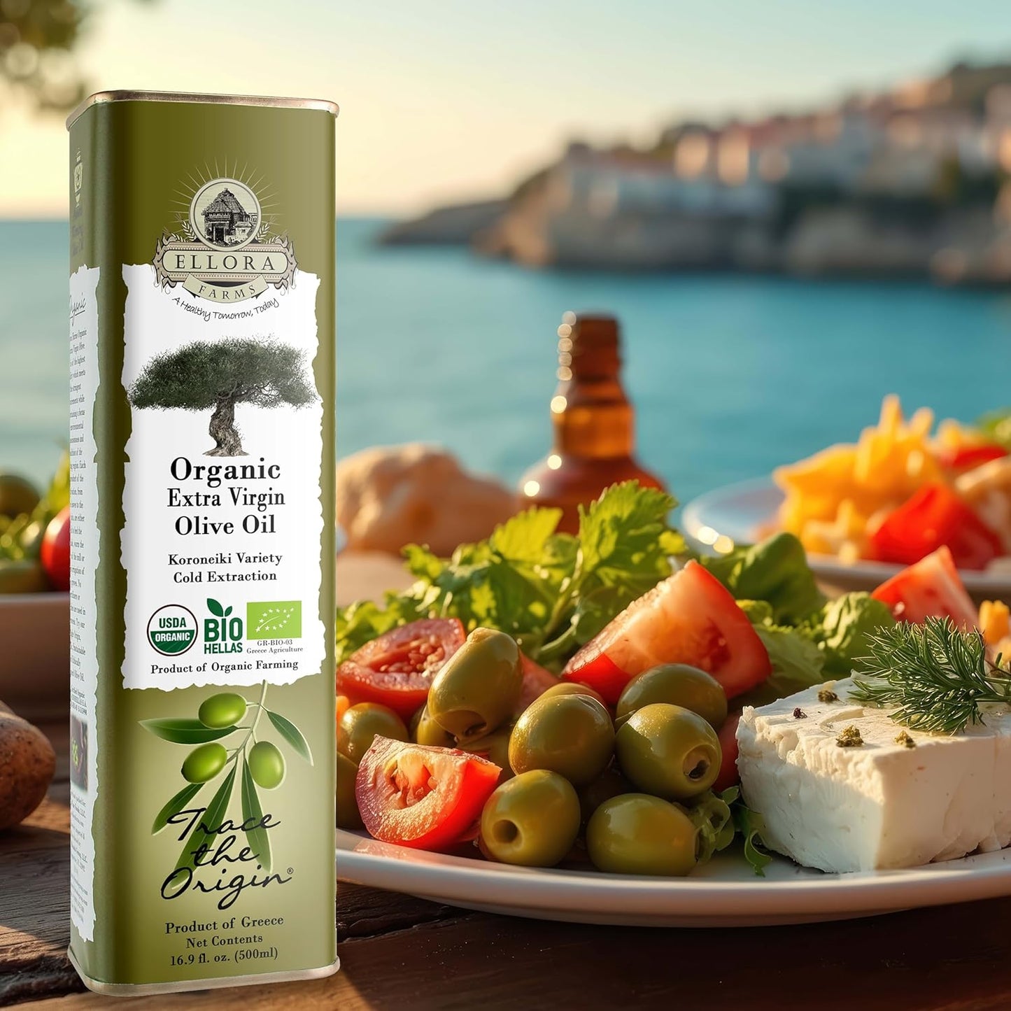 Ellora Farms, USDA Organic Extra Virgin Olive Oil, 2024 Harvest, Gold Award, Unfiltered, High Oleocanthal, Kosher 17 oz tin, Pack of 4