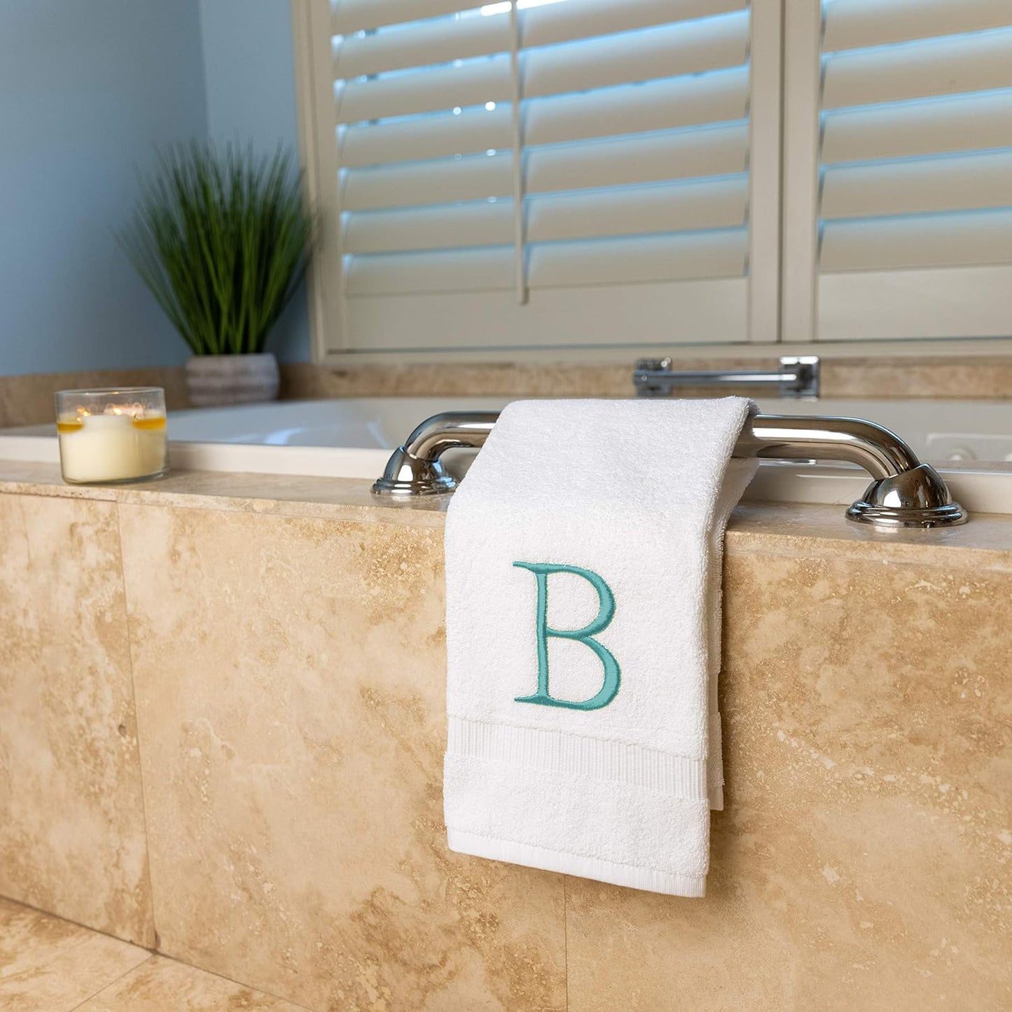 Teal and White Bathroom Hand Towel - Monogrammed Luxury Hotel Quality Decorative Embroidered Towel for Powder Room, Spa - GOTS Organic Certified - Set of 2 Letter B