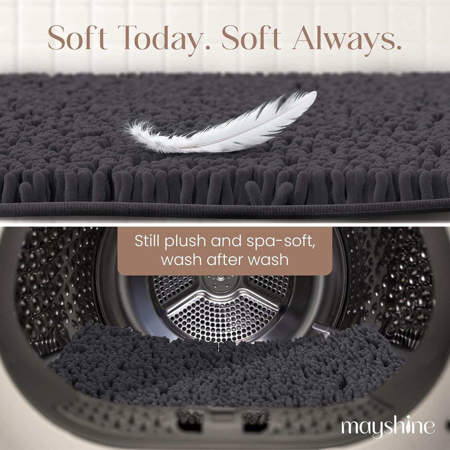 MAYSHINE Plush Shaggy Chenille Bath Mat | Extra Soft, Super Absorbent, Non-Slip Bathroom Rug | Fluffy Microfiber, Area Rug Sets for Bathroom Floor, Kitchen, Living Room | 23"x14" | Charcoal Gray