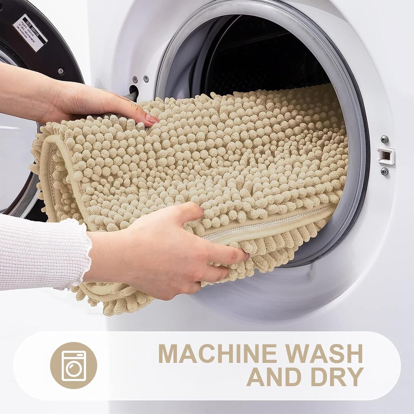 Grandaily Chenille Striped Bathroom Rugs 59x20, Extra Thick and Absorbent Bath Mats, Non-Slip Soft Plush Shaggy Shower Carpet, Machine Wash Dry, Bath Rug for Bathroom, Beige