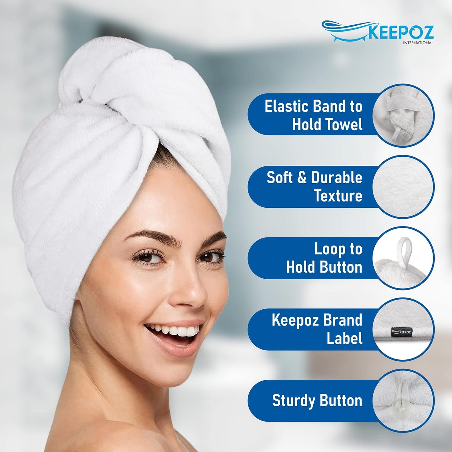 KEEPOZ Hair Towel Wrap Quick Dry 100% Cotton Super Absorbent Turban Head Wrap for Women with Button, Non Microfiber Anti Frizz Hair Cap for Curly, Long & Thick Hair (Pink+White, 2 Pcs)