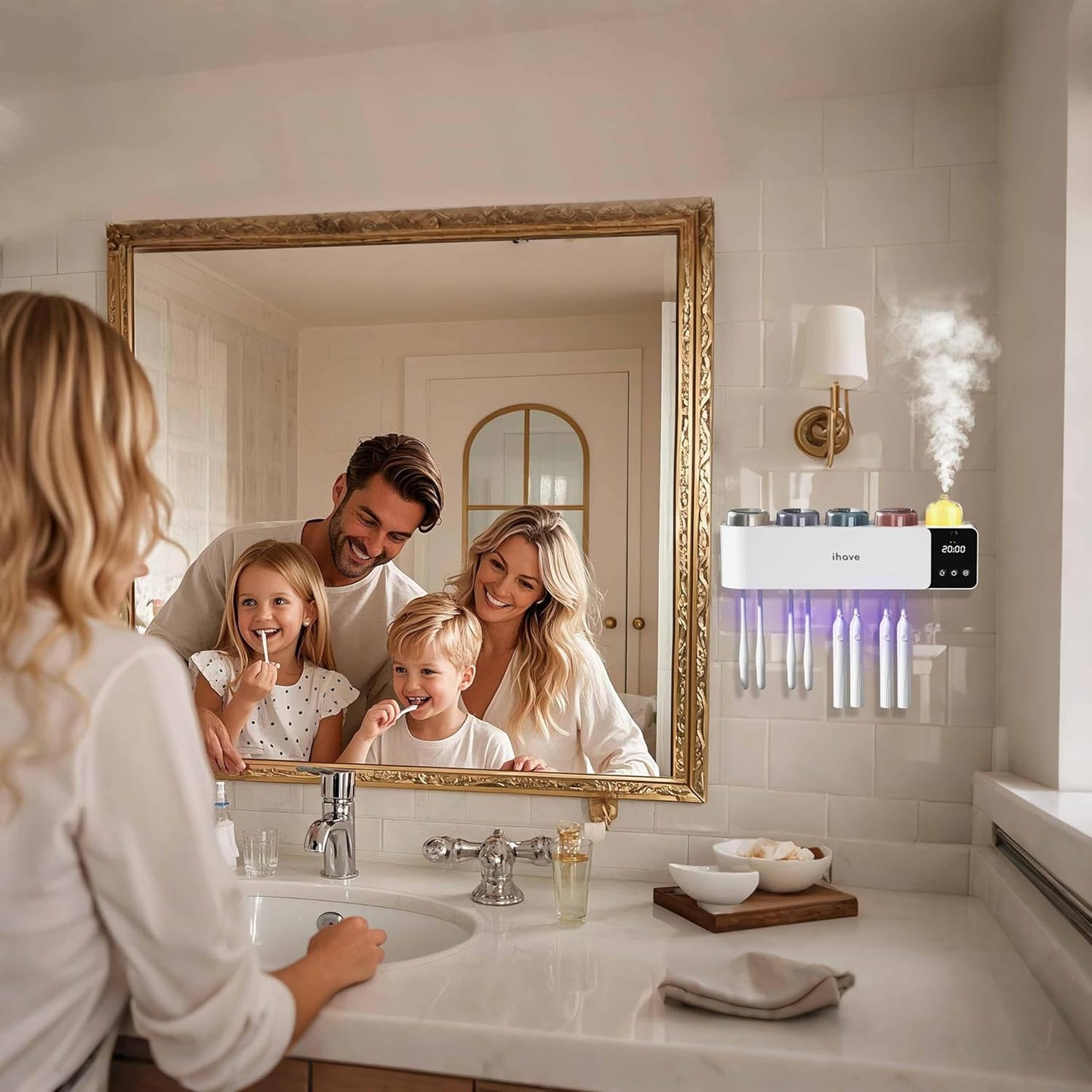 iHave Toothbrush Holders with UV Toothbrush Sanitizer, Aromatherapy Diffuser & IR Night Light - 4-Hour Smart Cruise Disinfection, Auxiliary Combo Drying - Wall-Mounted Bathroom Organizer with 4 Cups