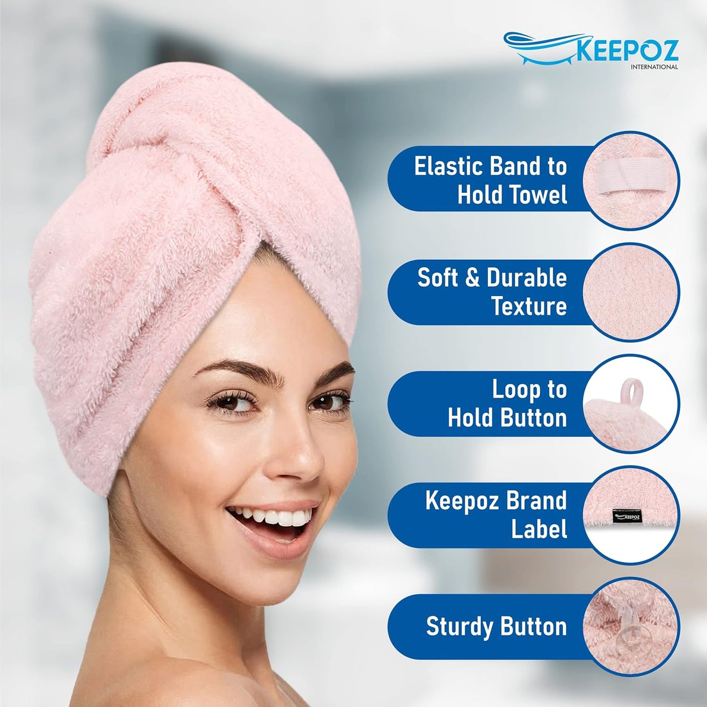 KEEPOZ Hair Towel Wrap Quick Dry 100% Cotton Super Absorbent Turban Head Wrap for Women with Button, Non Microfiber Anti Frizz Hair Products, Hair Cap for Curly, Long & Thick Hair (Pink, 1 Pc)