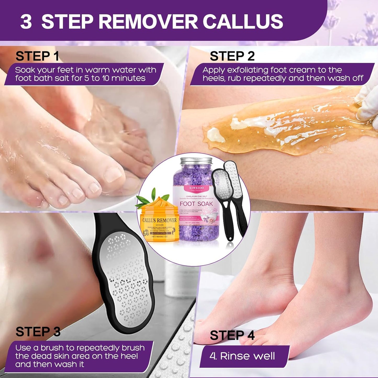 Pack of 4 lavender Himalayan Pink FOOT SOAK SALT Kit Tea Tree OiFoot Callus Remover Gel Kit Foot Files Set Moisturize, Foot Odor cream spa massager Epsom Salt pedicure at home spa