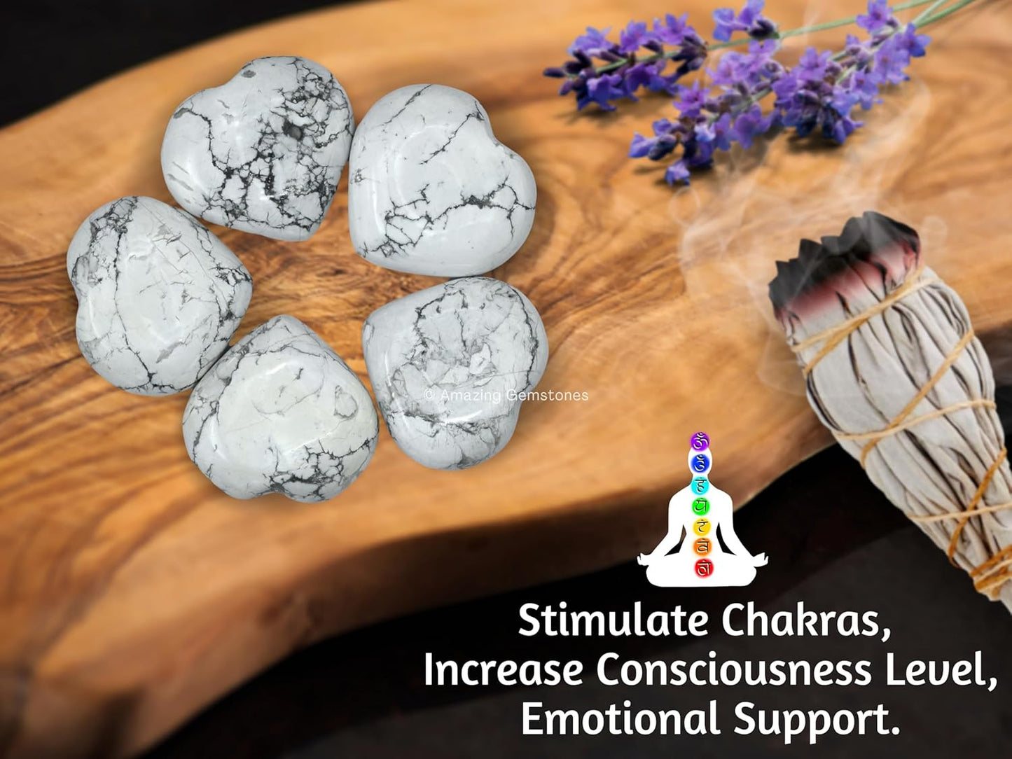 Howlite Crystal Heart Palm Stone - Pocket Massage Worry Stone for Natural Body Chakra Balancing, Reiki Healing and Crystal Grid