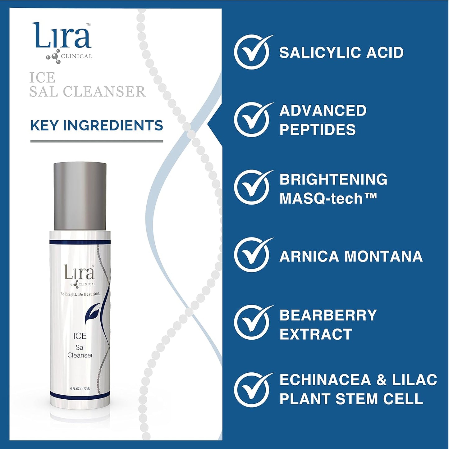 Lira Clinical ICE Sal Cleanser – Salicylic Acid Face Wash with Plant Stem Cells, Echinacea and Peptides – Cooling Exfoliating Facewash – Gentle Clarifying Travel Size Daily Facial Cleanser - 6 Oz