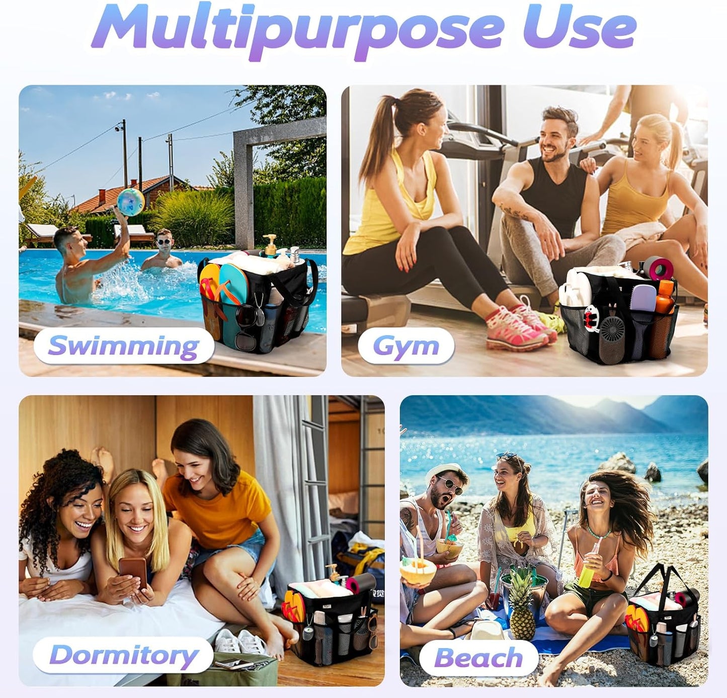 Mesh Shower Caddy Portable, Dorm Room Essentials for College Students, Large Capacity with 8 Pockets Shower Bag for Camping,Swimming,Gym,Travel