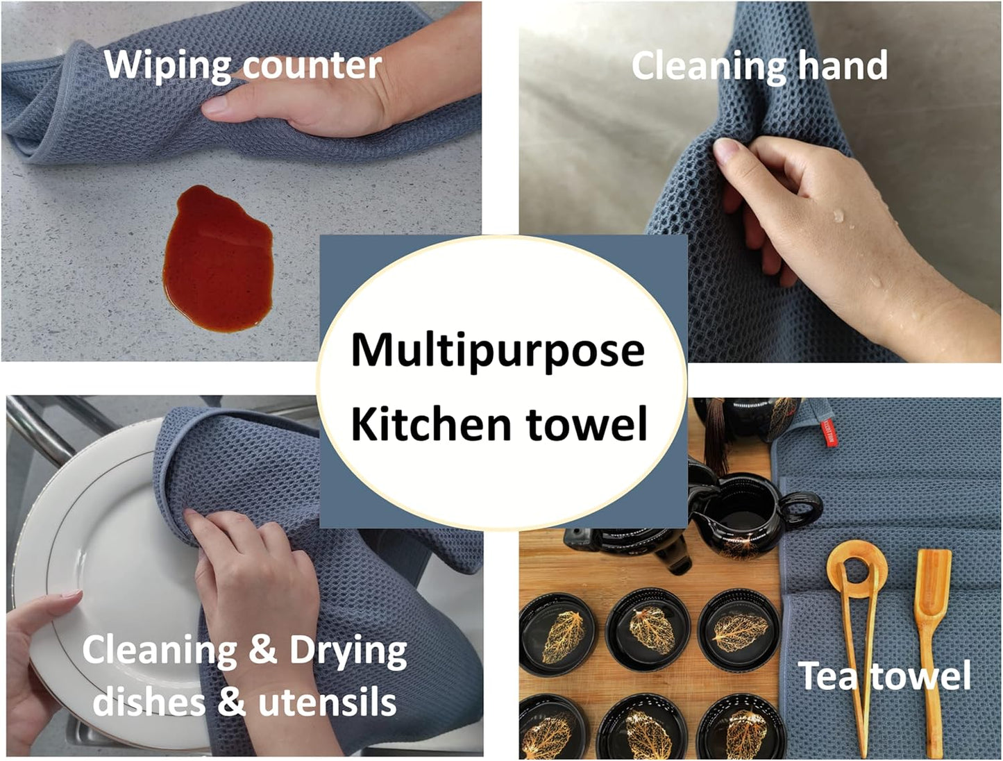 Kitchen Towels 100% Cotton Waffle Weave Dish Towel for Cleaning Drying Dishes Extra Absorbent and Soft, Dish Cloth,13 x 28 Inch(Darkgrey-4 Pack)