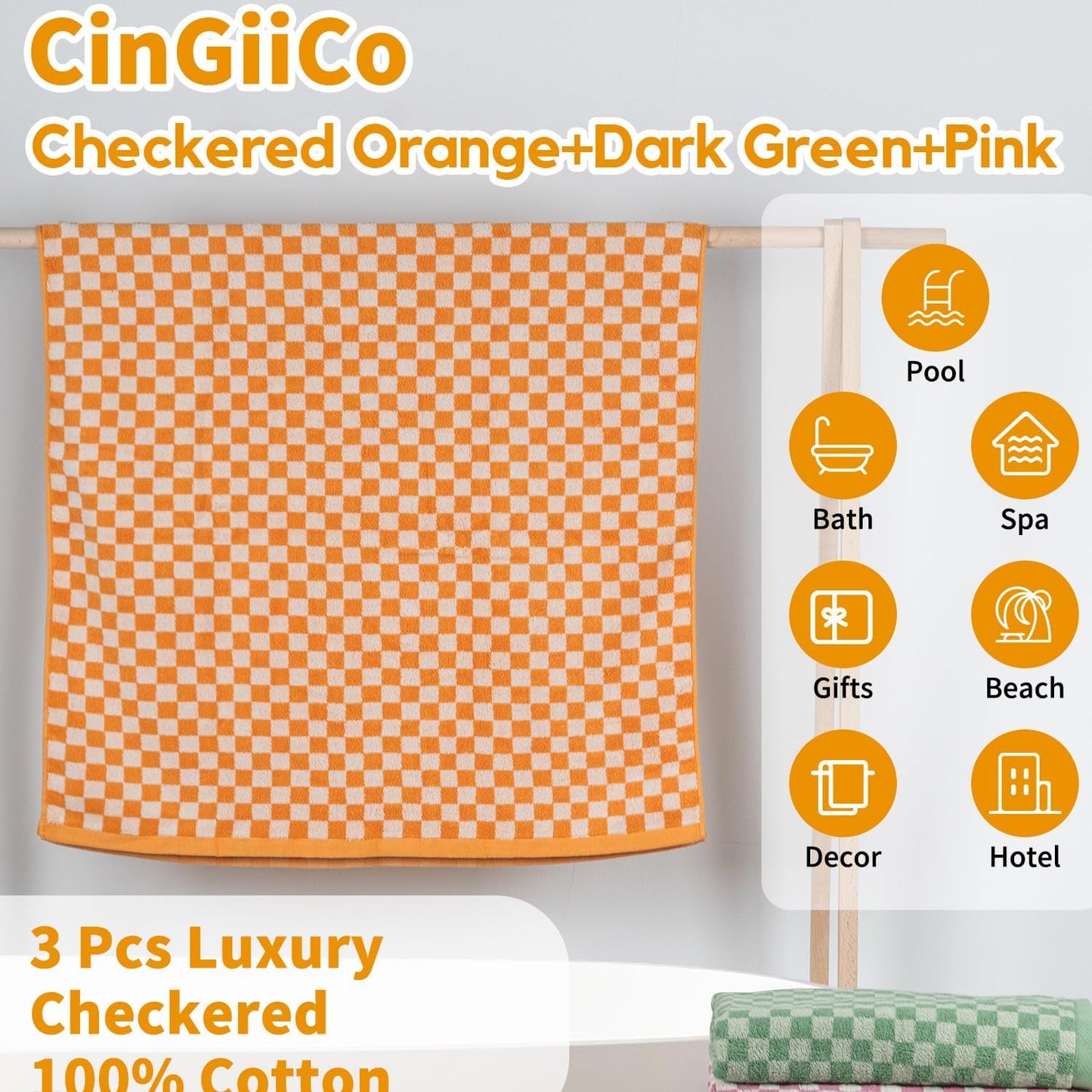 Checkered Bath Towel Set of 3, 100% Cotton Bath Towels Large, 520GSM, 55.12"*27.56", Luxury Shower Towels for Bathroom, Soft Absorbent Quick-Dry(Orange+Dark Green+Pink)