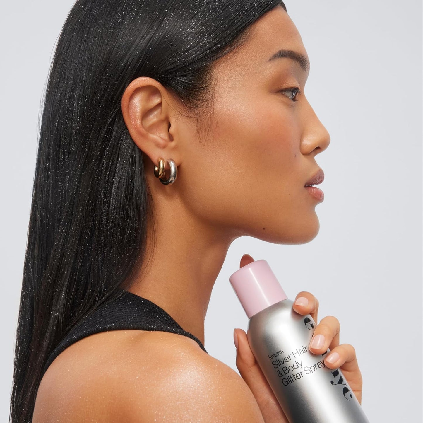 Eva NYC Kweeen Silver Hair and Body Glitter Spray Set - Original Ultra Shimmery Glitter, New Look - Adds Shine + Non-Sticky - Quick Drying Spray - Warm Vanilla Scent - Full Size + Travel Size Gift Set