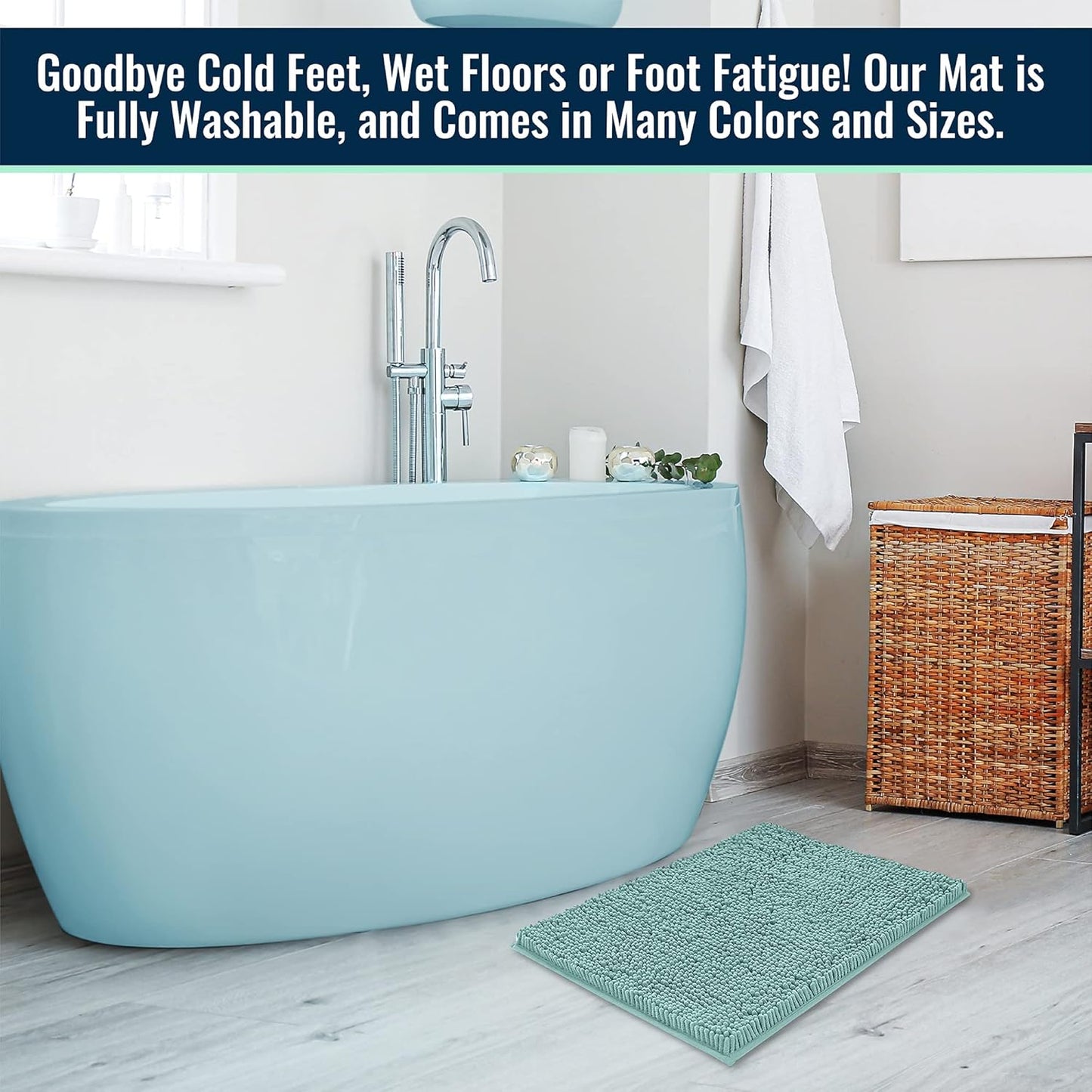 ITSOFT Plush Bathroom Rug 47x21, Absorbent Machine Washable Non Slip Chenille Bath Mats, Quick Dry Bathmat, Bath Rugs for Bath, Shower, Bedroom, or Door Mat, Spa Blue