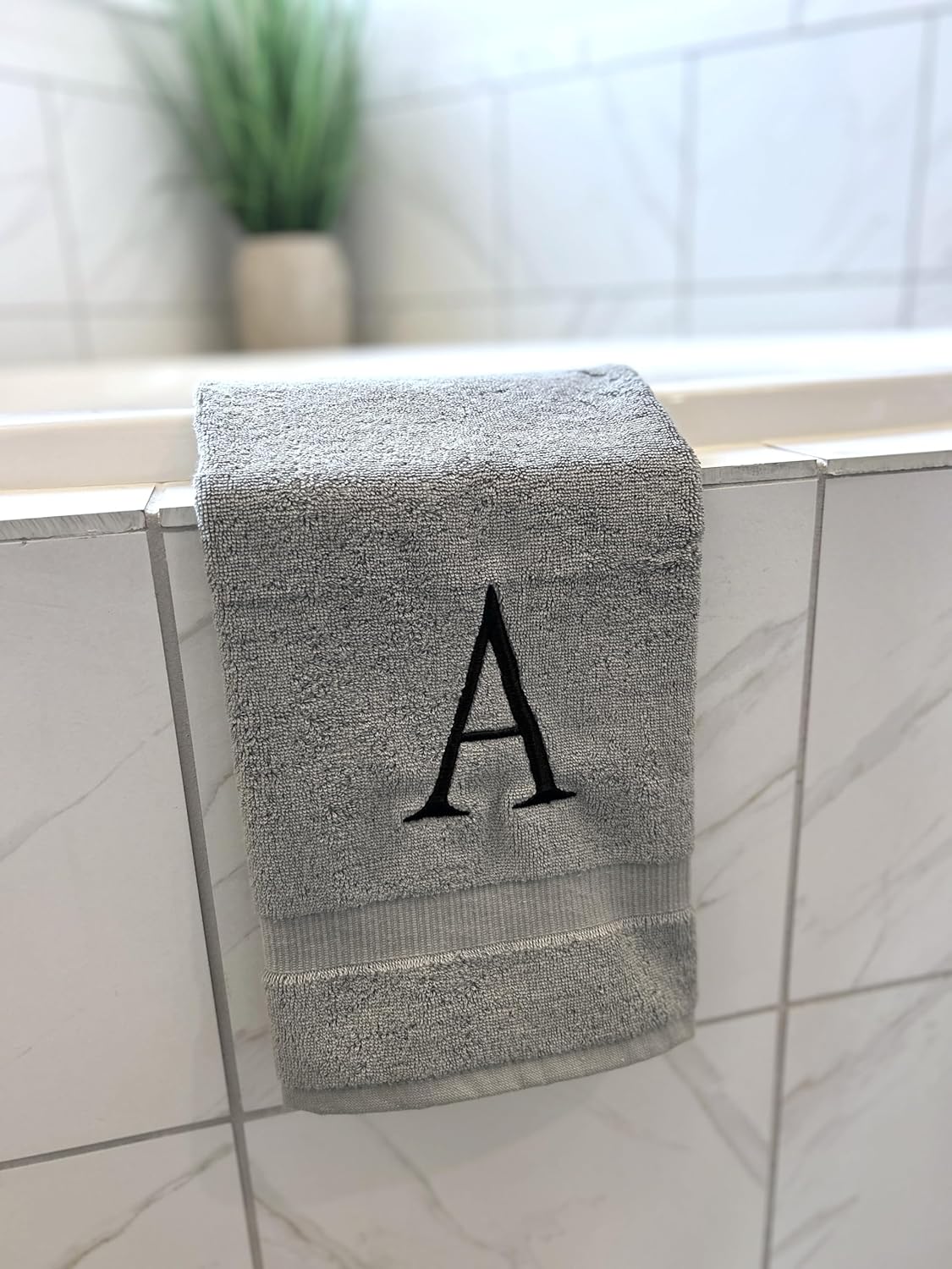 Gray Initial Hand Towel for Bathroom - Monogrammed Luxury Hotel Quality Decorative Embroidered Towel for Powder Room, Spa - GOTS Organic Certified - Set of 2 Black Letter M