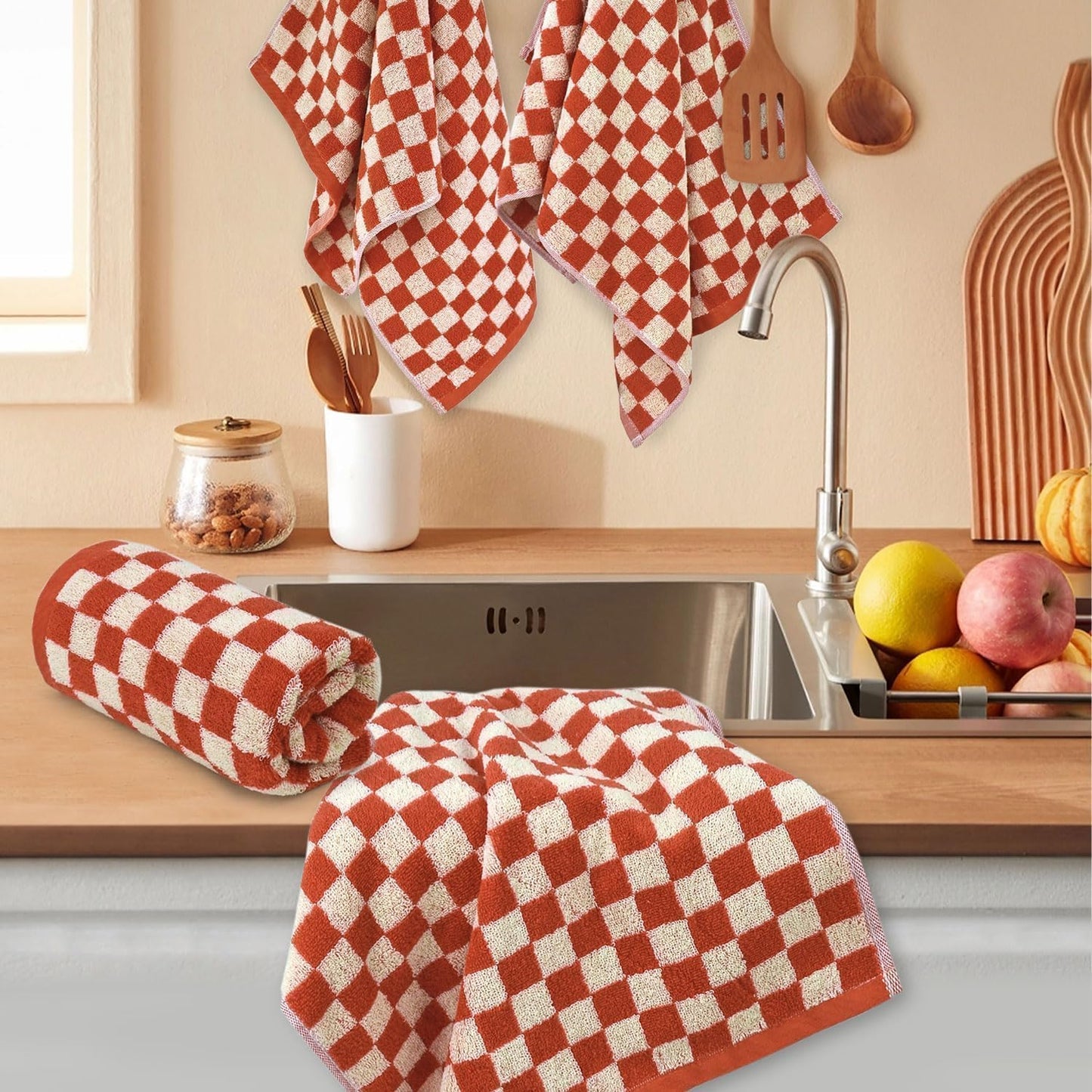 Jacquotha Checkered Hand Towels (13x29 Inches) - Kitchen Hand Towels Pack of 4, Absorbent Cotton Rags for Bathroom Face Gym Pool Swim