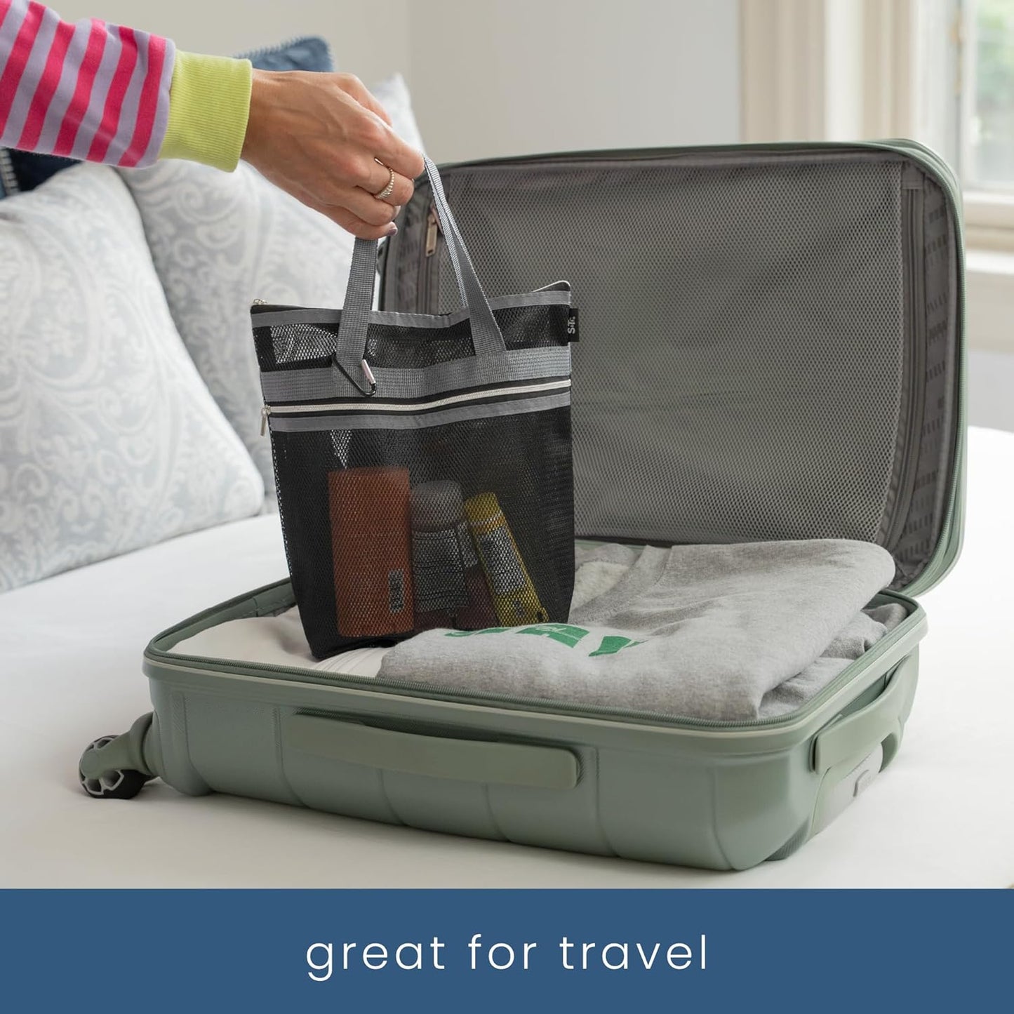 S&T INC. Mesh Shower Caddy, Shower Bag for Dorm Room Essentials, Gym Bag, Camping and More, Two Zippered Pockets, Black and Grey, 10 Inches x 10 Inches