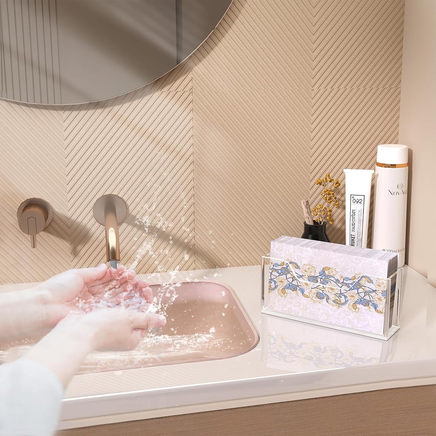 Acrylic Guest Towel Napkin Holder for Table, 2pcs Clear Disposable Hand Towel Holder for Bathroom, Washbasin Side Waterproof Tissue Dispenser for Home, Kitchen, Restaurant and Hotel