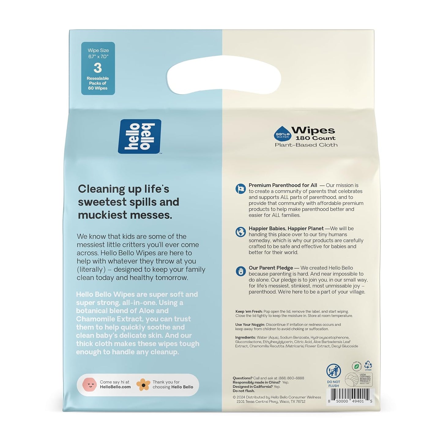 Hello Bello Extra Gentle Unscented Baby Wipes, Plant Based, Made with 99% Water and Aloe for Babies and Kids, 60 Count (Pack of 9) Total 540 Count