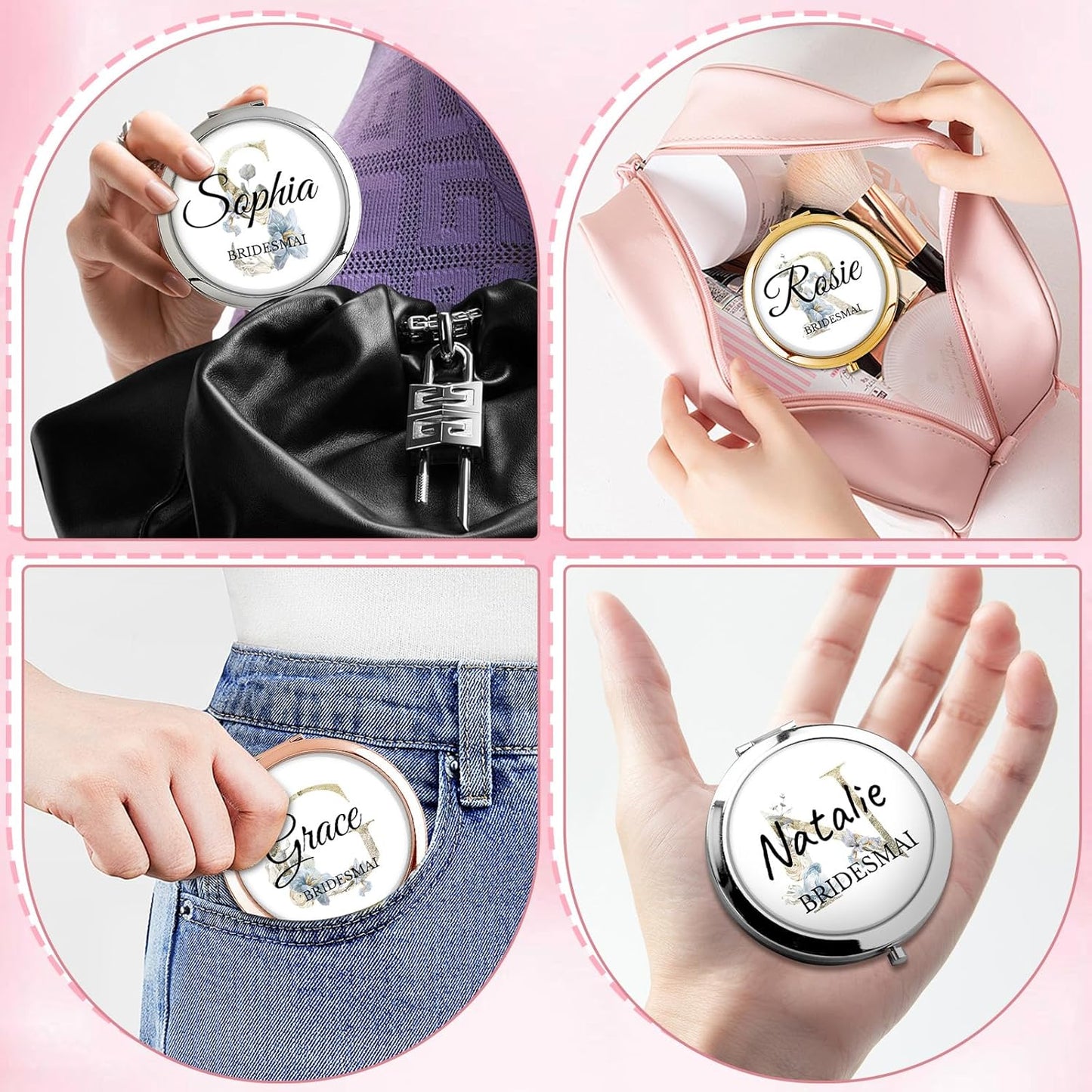 Personalized Compact Mirror – Custom Pocket Mirror with Name, Monogram Travel Purse Mirror for Women, Bridal Shower Favors & Bridesmaid Gifts, Portable Makeup Accessory (Initials)