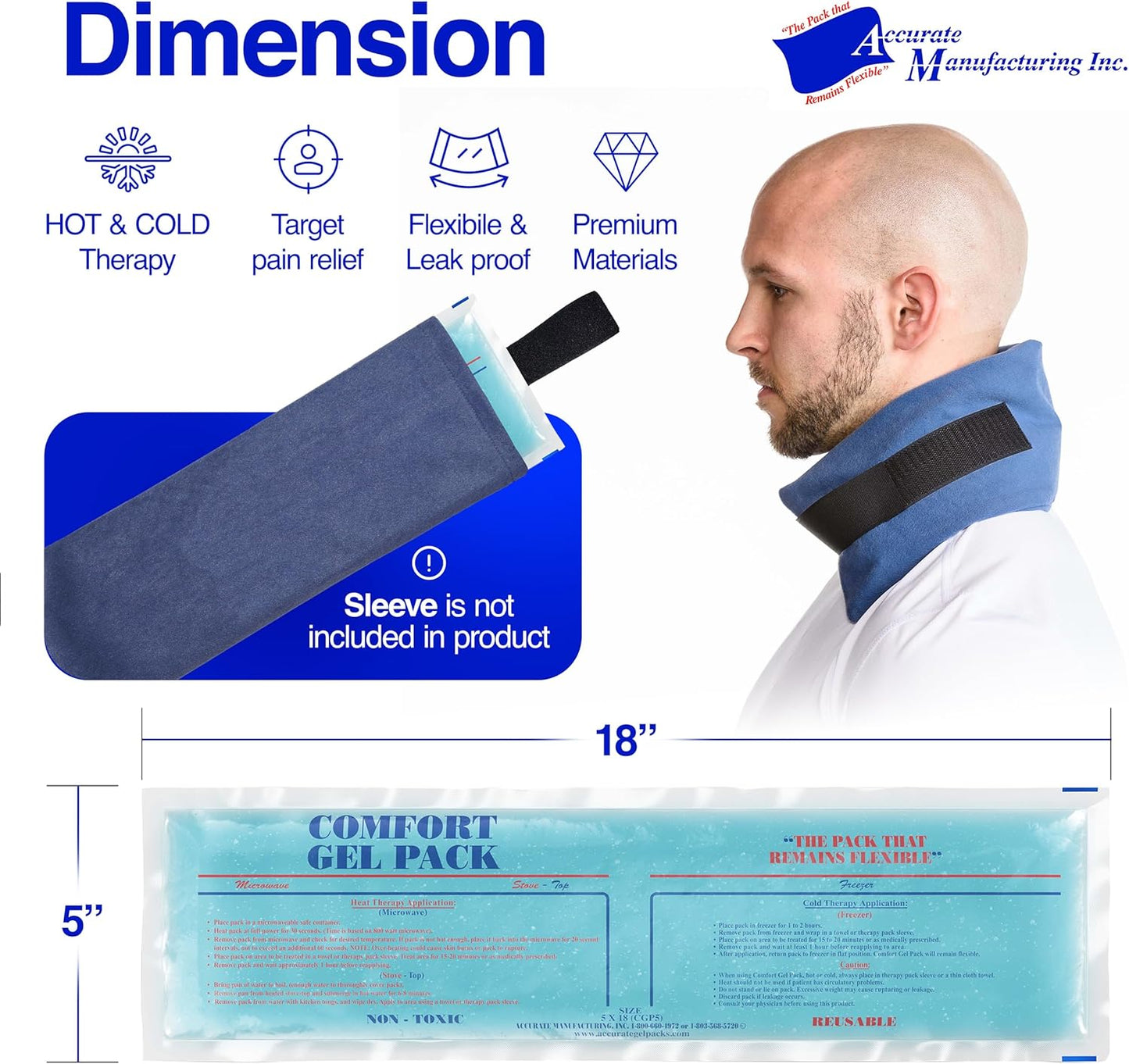 Flexible Reusable Gel Packs for Neck, Wrist, Arm, Back and Shoulder Pain Relief - Versatile Hot or Cold Gel Packs for Injuries, Sore Muscles or Toothache Pain Relief, Blue, 5" x 18", 2 Pack