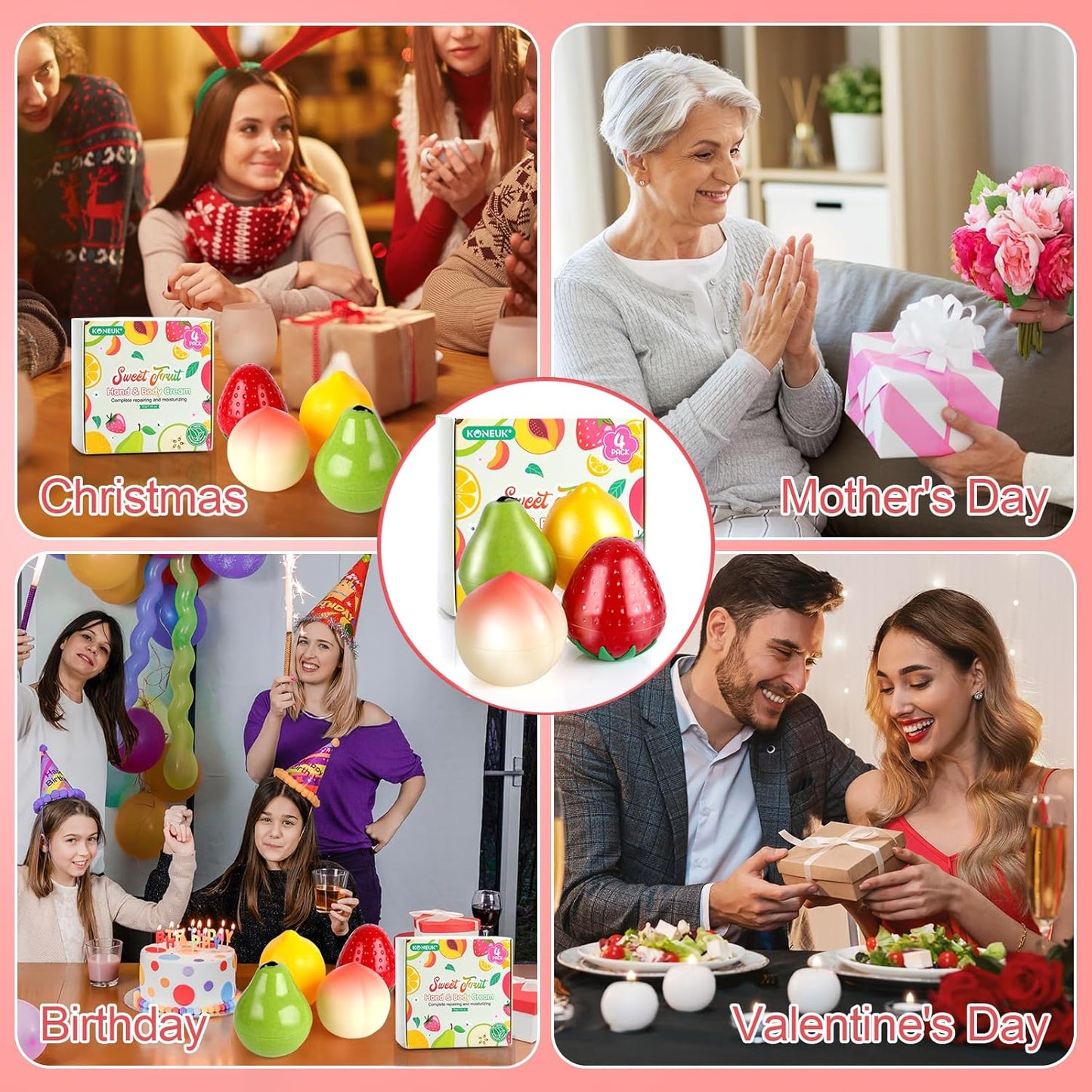 4 Pack Hand Cream Gifts Set For Women, Hand Lotion for Dry Cracked Hands, Birthday Gifts, Bridal Shower Favors, Thank You Gifts and Small Gifts for Women, 1.06 Oz (Strawberry, Pear, Lemon, Peach)