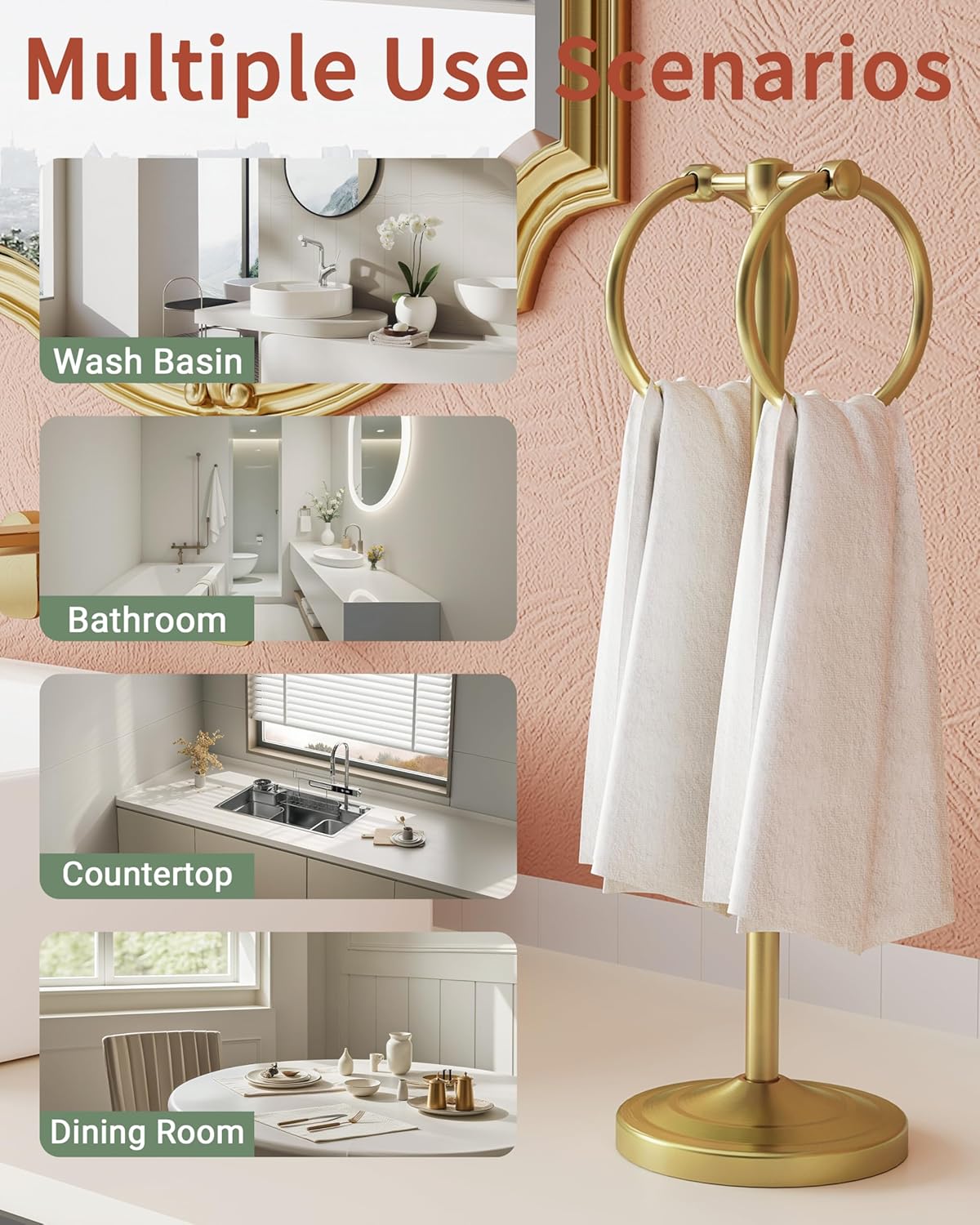 Hand Towel Holder Stand, SUS304 Stainless Steel Weighted Hand Towel Stand for Bathroom Kitchen Countertop Towel Stand with Double Stand Hand Towel Ring Total Height 18"(Brushed Gold)