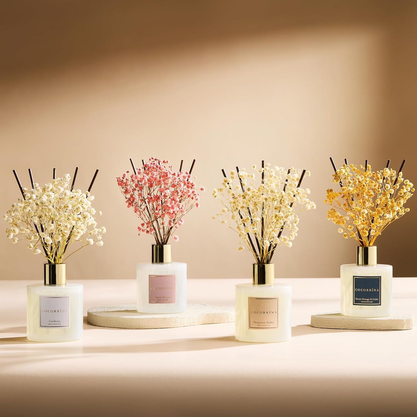 COCORRÍNA Reed Diffuser - Cherry Blossom 6.7 Fl.oz Reed Diffuser Set with Sticks & Preserved Baby's Breath, Reed Diffuser for Home Bathroom Shelf Decor