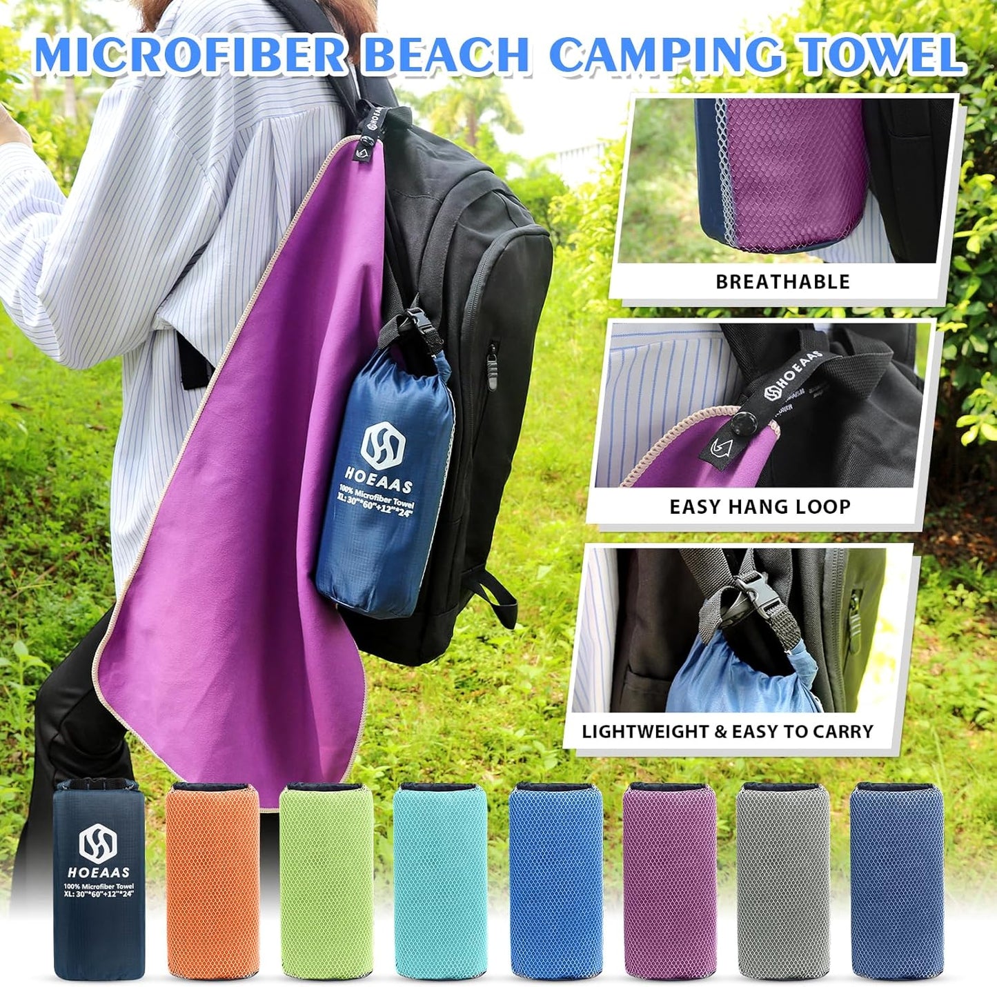 HOEAAS 2 Pack Microfiber Camping Towels, Quick Dry Towel, Super Absorbent Ultra Compact Travel Towel Soft Lightweight Sports Towel for Sweat Fast Drying Towels for Pool,Gym,Hiking,Backpacking,Fitness