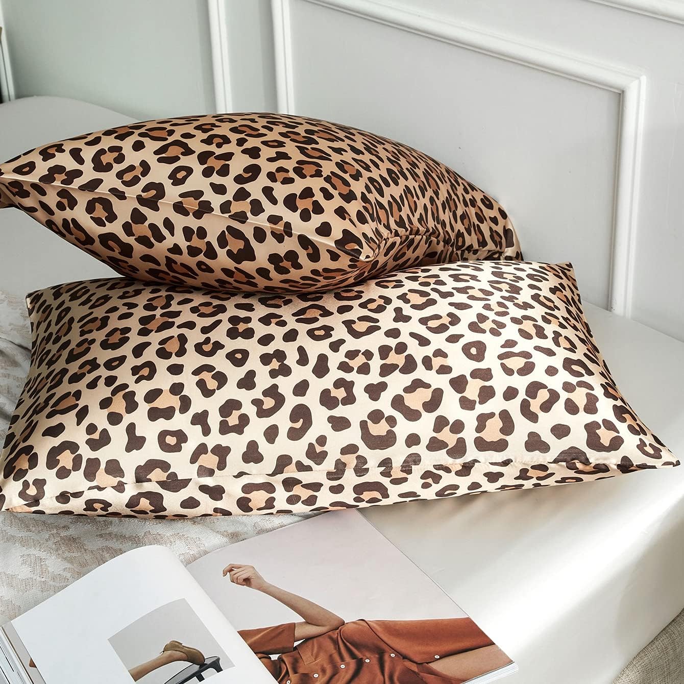 Silky Satin Toddler Pillowcases Pack of 2, 13x18 Inches Cheetah Print Travel Pillowcases with Envelope Closure, Small Kids Pillow Cases Covers, Gold Leopard