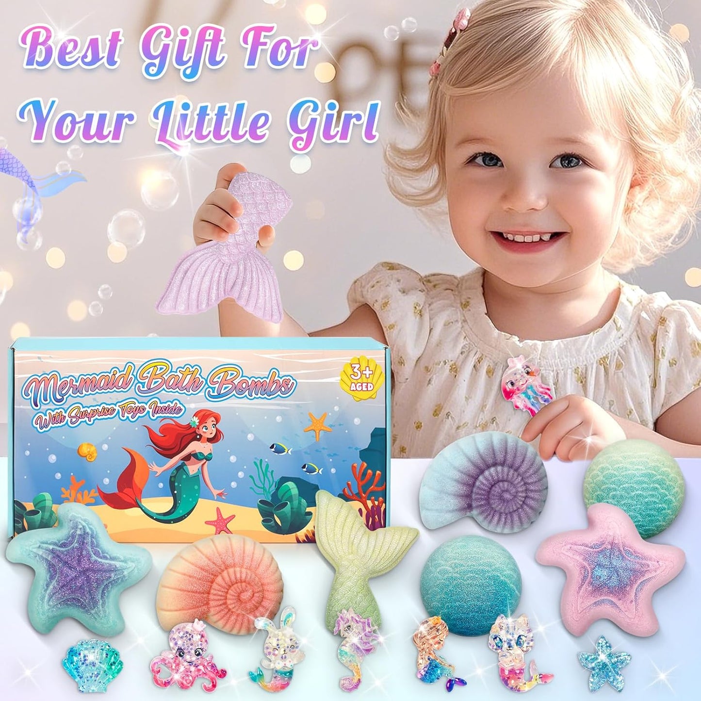 8 Packs Bath Bombs for Kids Girls, Mermaid Bath Bomb with Surprise Toys Inside, Princess Bubble Bath Toys for Kids Aged 4-8, Christmas Birthday Gifts for Girls 3 4 5 6 7 8