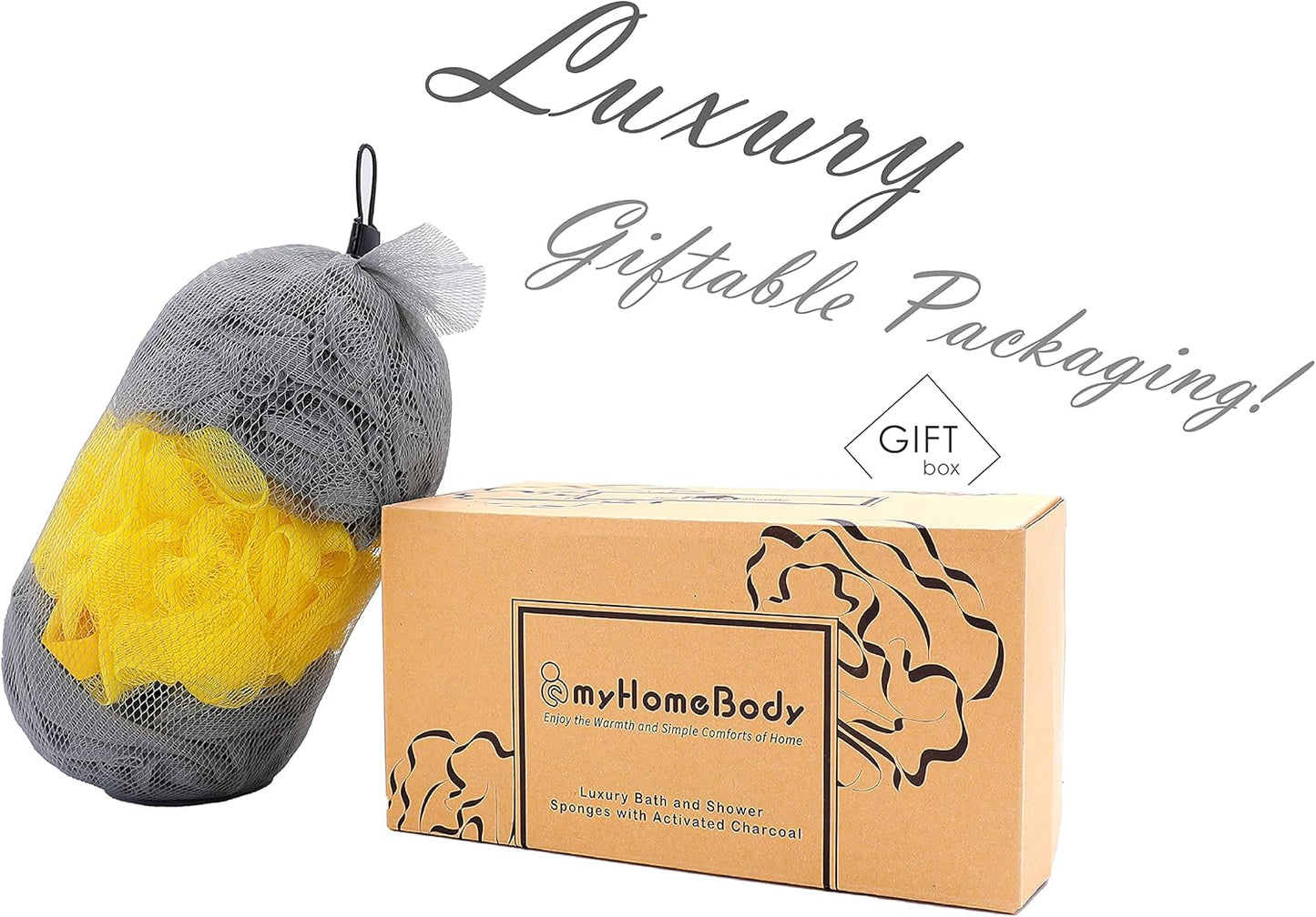 myHomeBody Large 70g Loofah Sponge, Body Scrubber, Bath Sponge, Loofah for Women, Men, Exfoliating Sponge Shower Pouf with Activated Charcoal - 2 Ultimate Gray + 1 Illuminating Yellow, 3 Pack