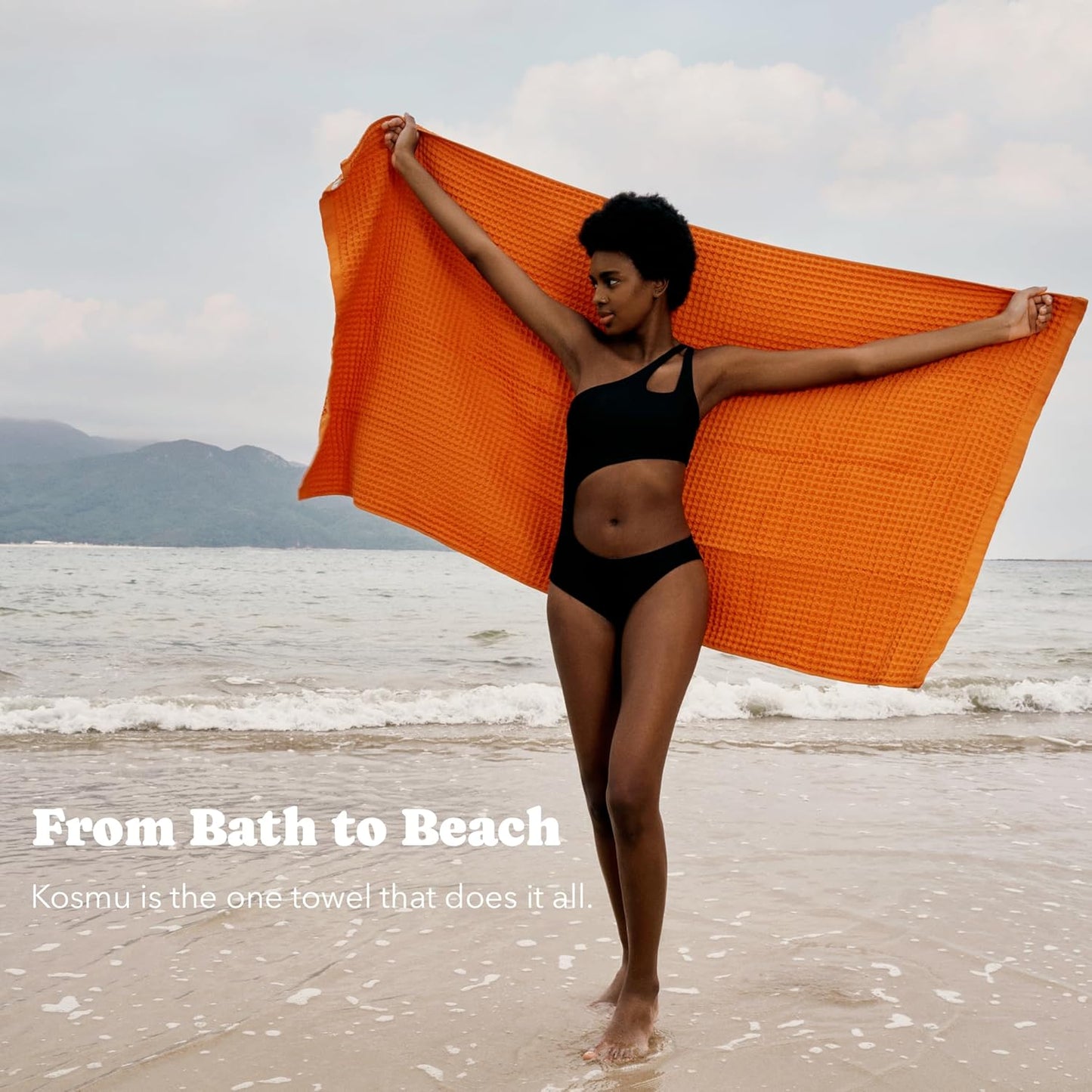 Luxury Japanese Cotton Waffle Bath Towel | Plush, Absorbent, and Quick Dry | Free Storage Bag Included (Coral Orange, Bath Sheet, 67" x 34")