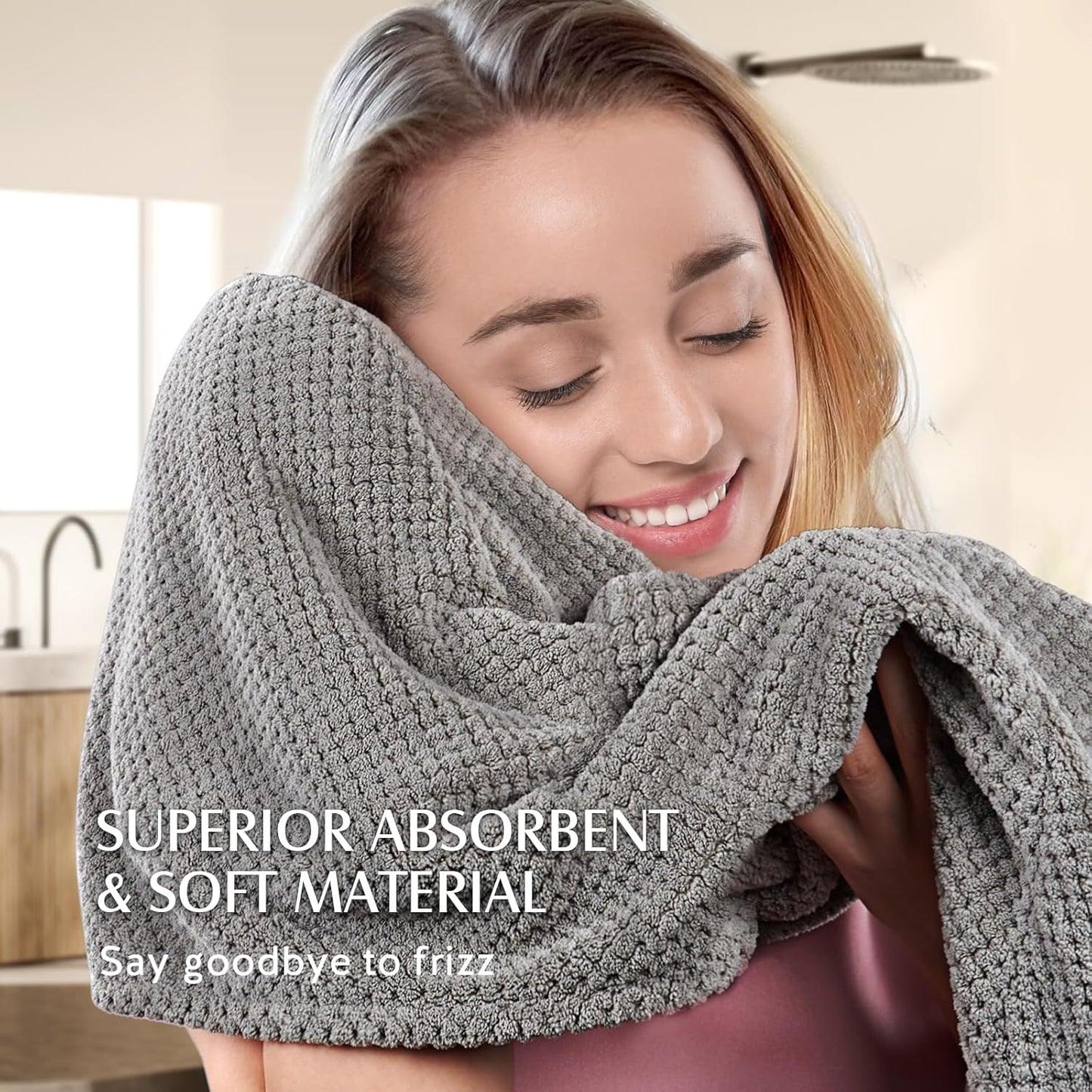 YFONG 3 Pack Large Microfiber Hair Towel Wrap, 30" x 10" Anti Frizz Quick Dry Hair Towels for Women Long, Curly, Thick Hair, Super Absorbent Hair Turban for Wet Hair (Grey, White, Camel)