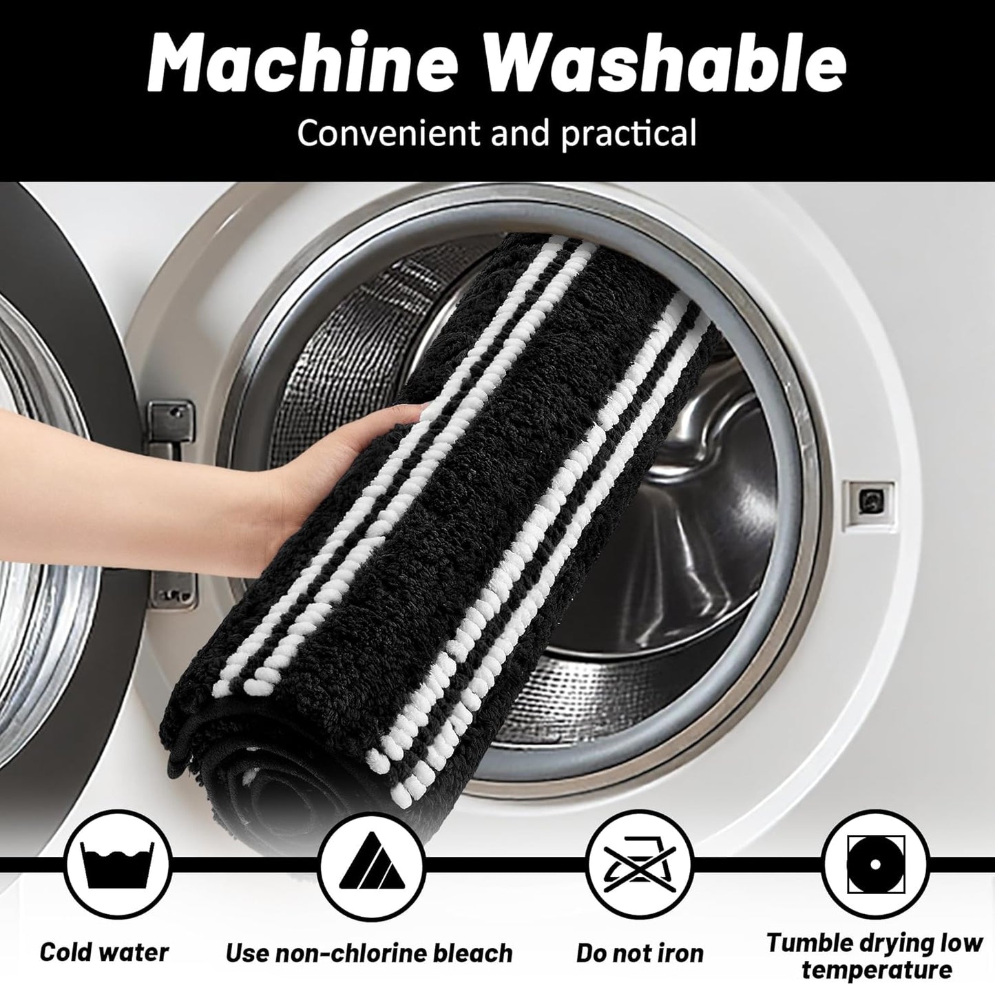 Bathroom Rugs 17x24 Extra Soft Absorbent Bath Mat Chenille Non Slip Shower Mat Rubber Backing Machine Washable Bath Mats for Bathroom Shaggy Black Bath Rugs for Tub, Hallway