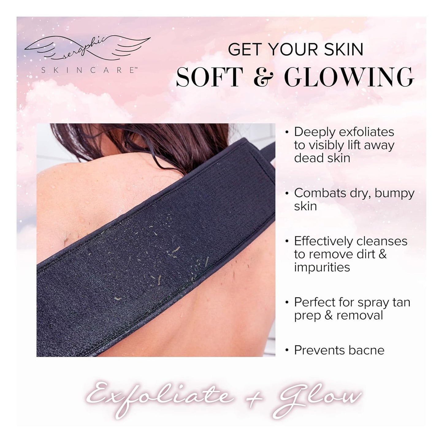 Seraphic Skincare Premium Back Exfoliator – Dual-Sided Back Scrubber for Men & Women – 100% Vegan – Viscose Side for Deep Exfoliation, Mesh & Washcloth Side for Cleansing – Bacne Prevention