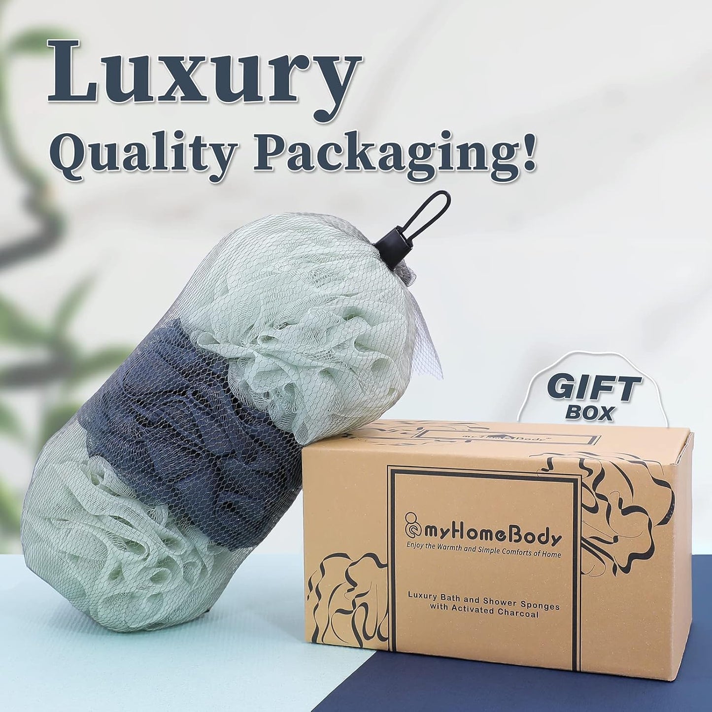 myHomeBody Large 70g Loofah Sponge, Body Scrubber, Bath Sponge, Loofah for Women, Men, Exfoliating Sponge Shower Pouf with Activated Charcoal - 2 Sea Foam Green + 1 Navy Blue, 3 Pack