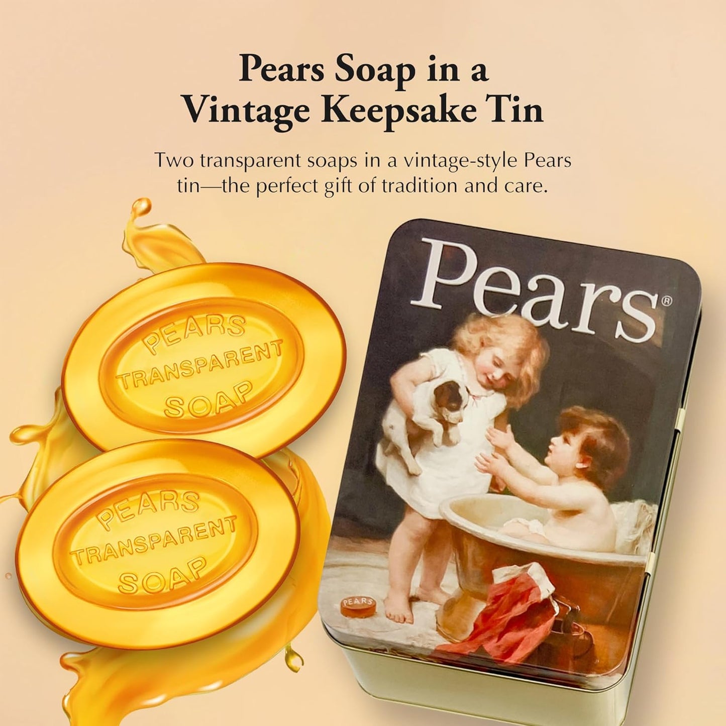 Pears Soap Gift Set, Vintage Tin with 2 Transparent Amber Glycerin Soaps Infused with Natural Oils for Glowing Skin, 4.4 Oz Ea