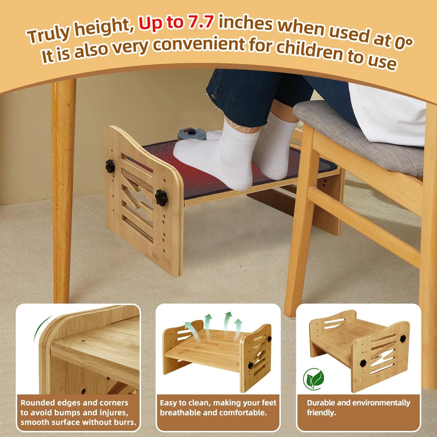 Myplace Bamboo Adjustable Under Desk Footrest with Heating Pad - Warm Ergonomic Foot Rest with 7-Level Adjust, Slanted Foot Rest Stool for Home Office Kitchen Bedroom (Burlywood)