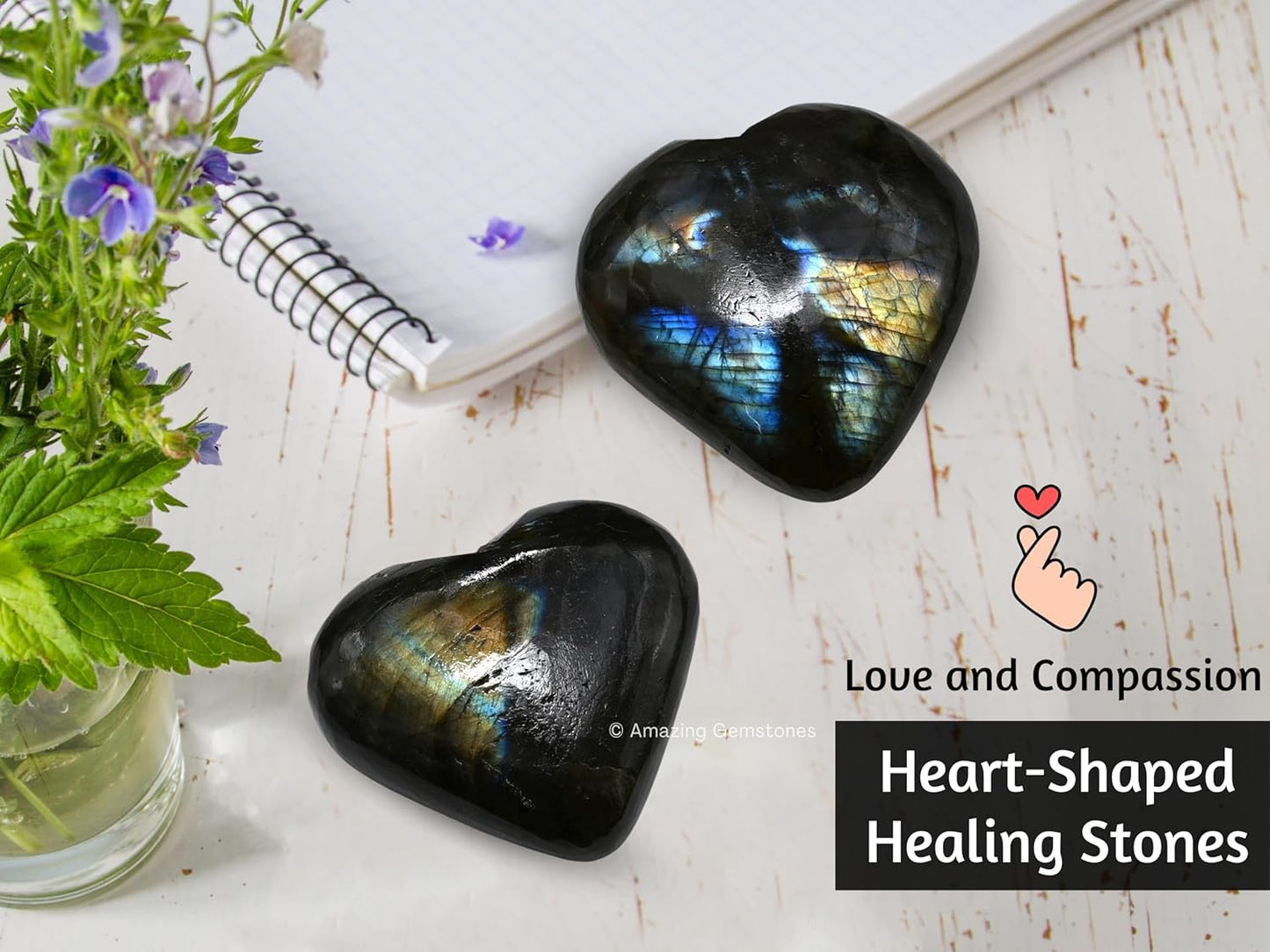 Labradorite Crystal Heart Palm Stone - Pocket Massage Worry Stone for Natural Body Chakra Balancing, Reiki Healing and Crystal Grid