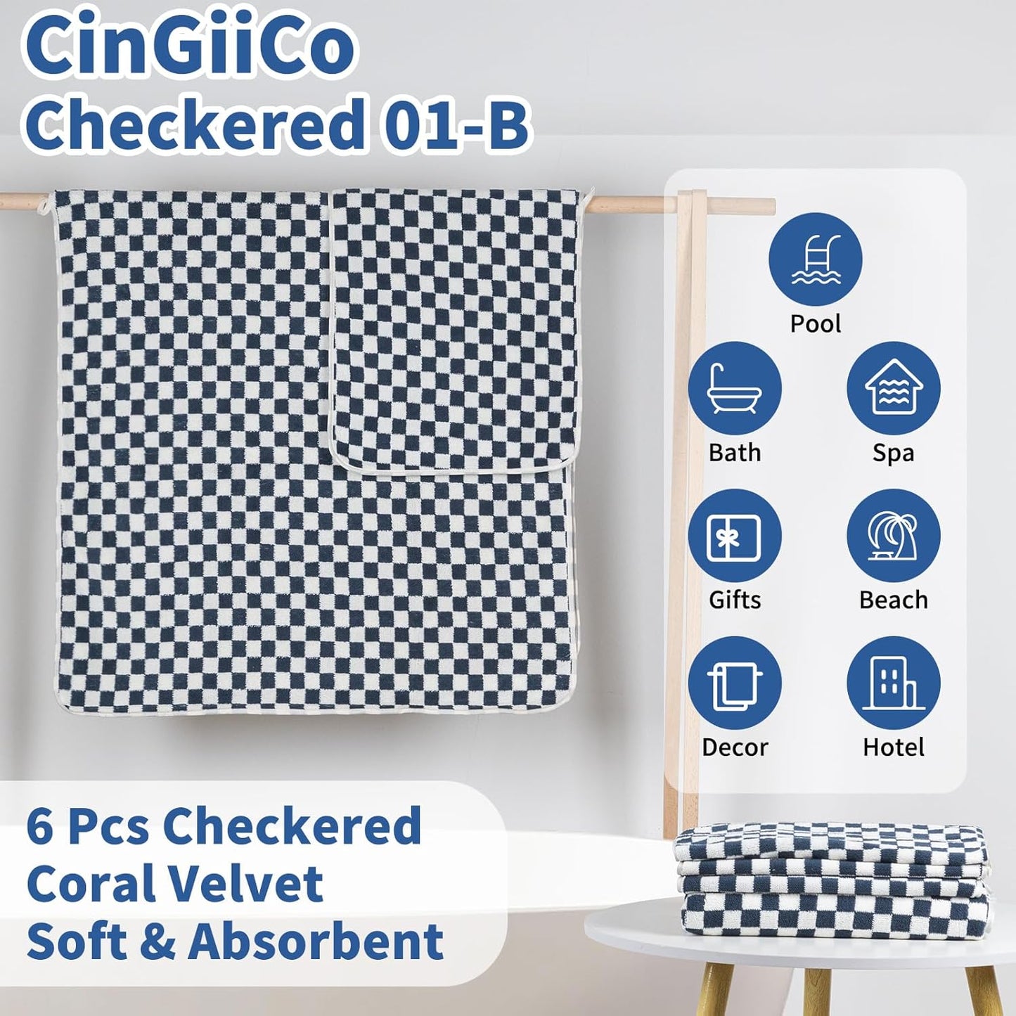 Checkered Bath Towels Set of 6 Large, Microfiber Shower Towels * 2 (55.12"*27.56"), Hand Towels * 4 (29.52"*13.77"),Towels for Bathroom、Pool、Hotel, Spa, Soft Absorbent Quick-Dry(Blue)