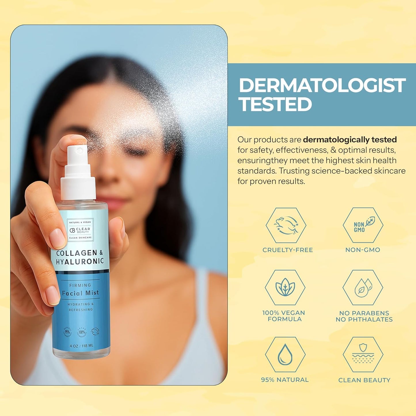 Clear Beauty Hyaluronic Acid & Collagen Face Mist - Dermatologist Tested, Moisturizes & Tones Skin, Anti-Aging, Natural Ingredients, Cruelty-Free, 95% Natural - All Skin Types - 4 OZ