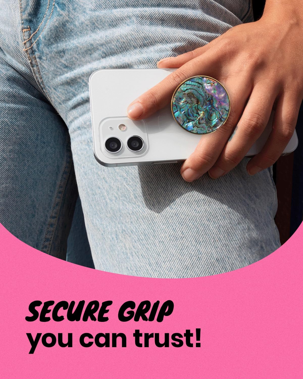 OnTheGrip Cute Natural Seashell Design Round Shape Collapsible Mobile Phone Grip Stand Holder for Smartphone Tablet Cell Phone Accessory (Black Fresh Water)