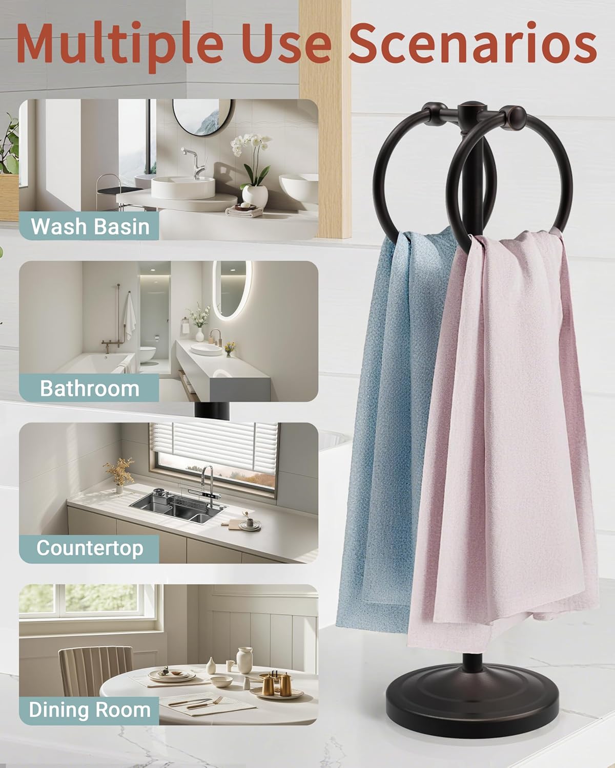 Hand Towel Holder Stand, SUS304 Stainless Steel Weighted Hand Towel Stand for Bathroom Kitchen Countertop Towel Stand with Double Stand Hand Towel Ring Total Height 18"(Oil Rubbed Bronze)