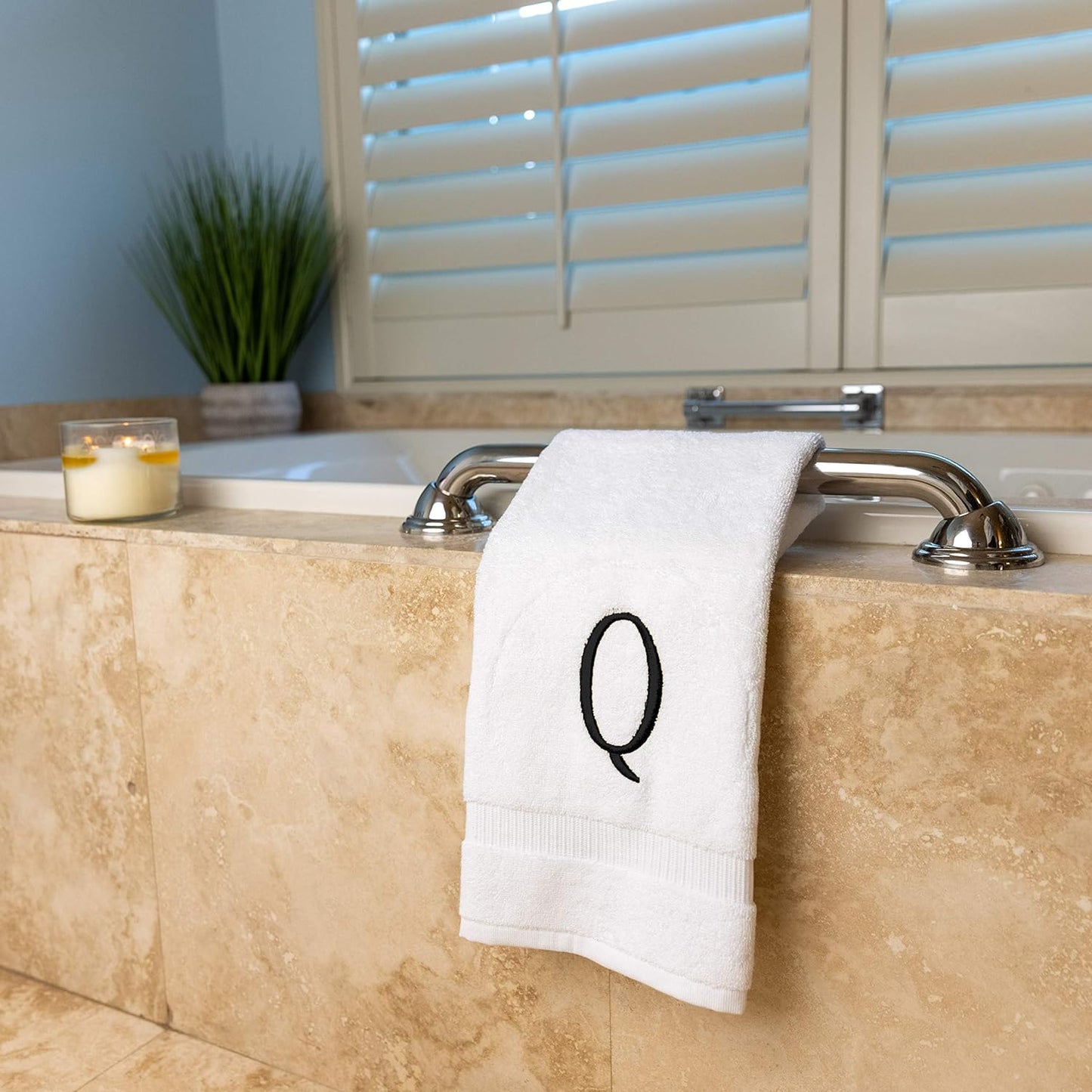 Black Powder Room Hand Towel - Monogram Initial Hotel Quality Decorative Embroidered Luxury Towel for Spa - GOTS Organic Certified - Set of 2 Letter Q