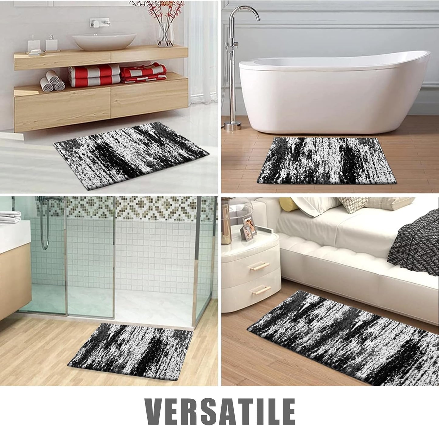 HDFK Graffiti Bath Mat | Non Slip Water Absorbent Quick Dry Woven Floor Mats | Thin Machine Washable Modern Shower Rug | Low Pile Profile Fit Under Door Vanity Room Bathroom Rugs | 30x20 Inch Black