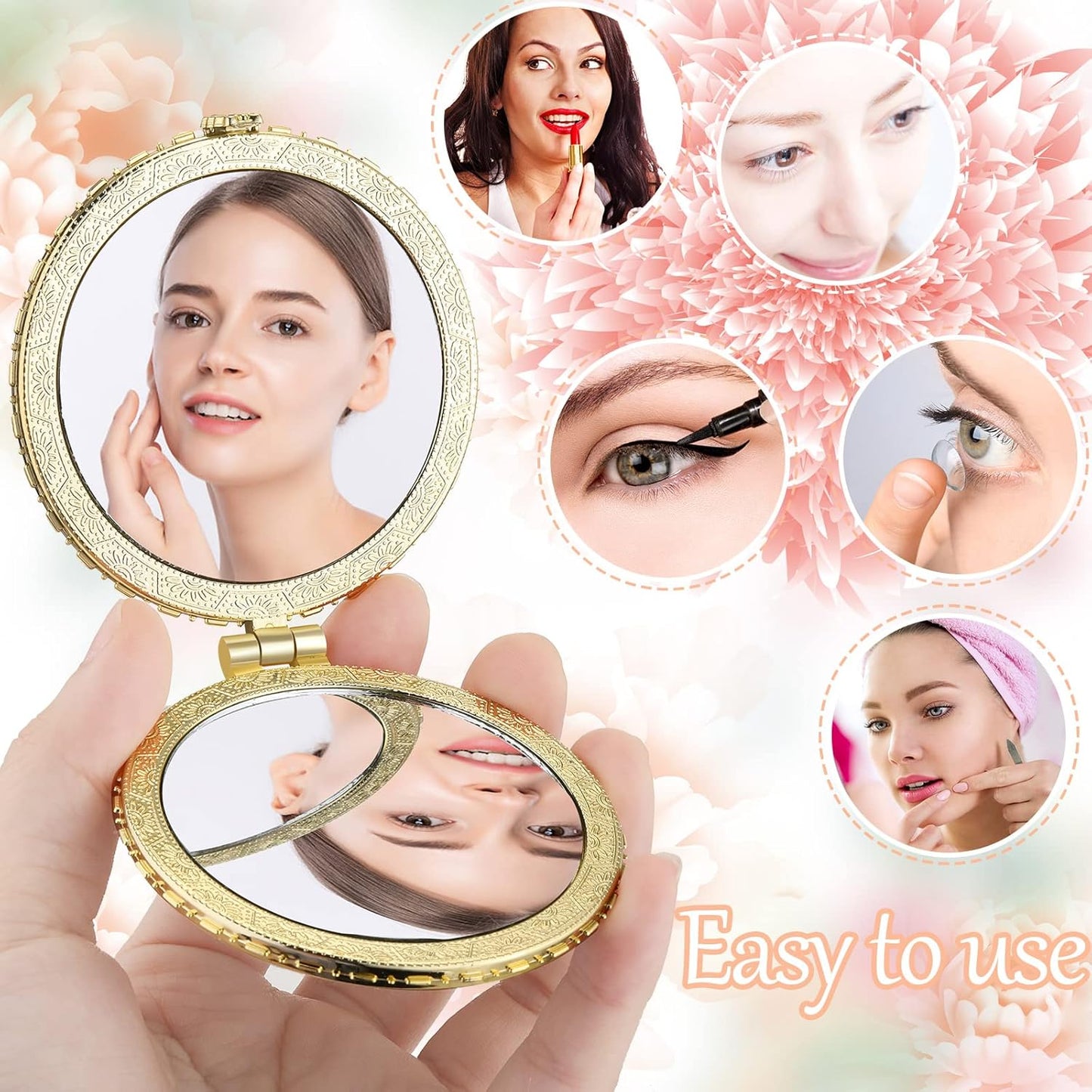 Blulu 16 Pcs Compact Mirrors for Purse Bulk Small Flower Pocket Mirror Vintage Portable Floral Folding Tea Party Favors Return Gifts for Women Christmas Birthday Wedding Makeup Travel(Gold Edge)