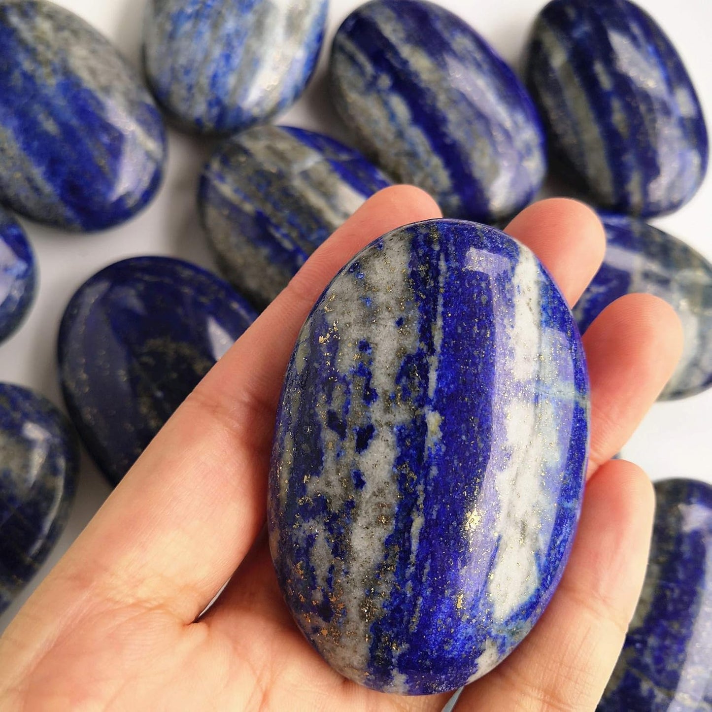 Natural Lapis Lazuli Oval Polished Worry Stones, Healing Crystal Indoor Fountain Stones Massage Energy Anxiety Relief Items
